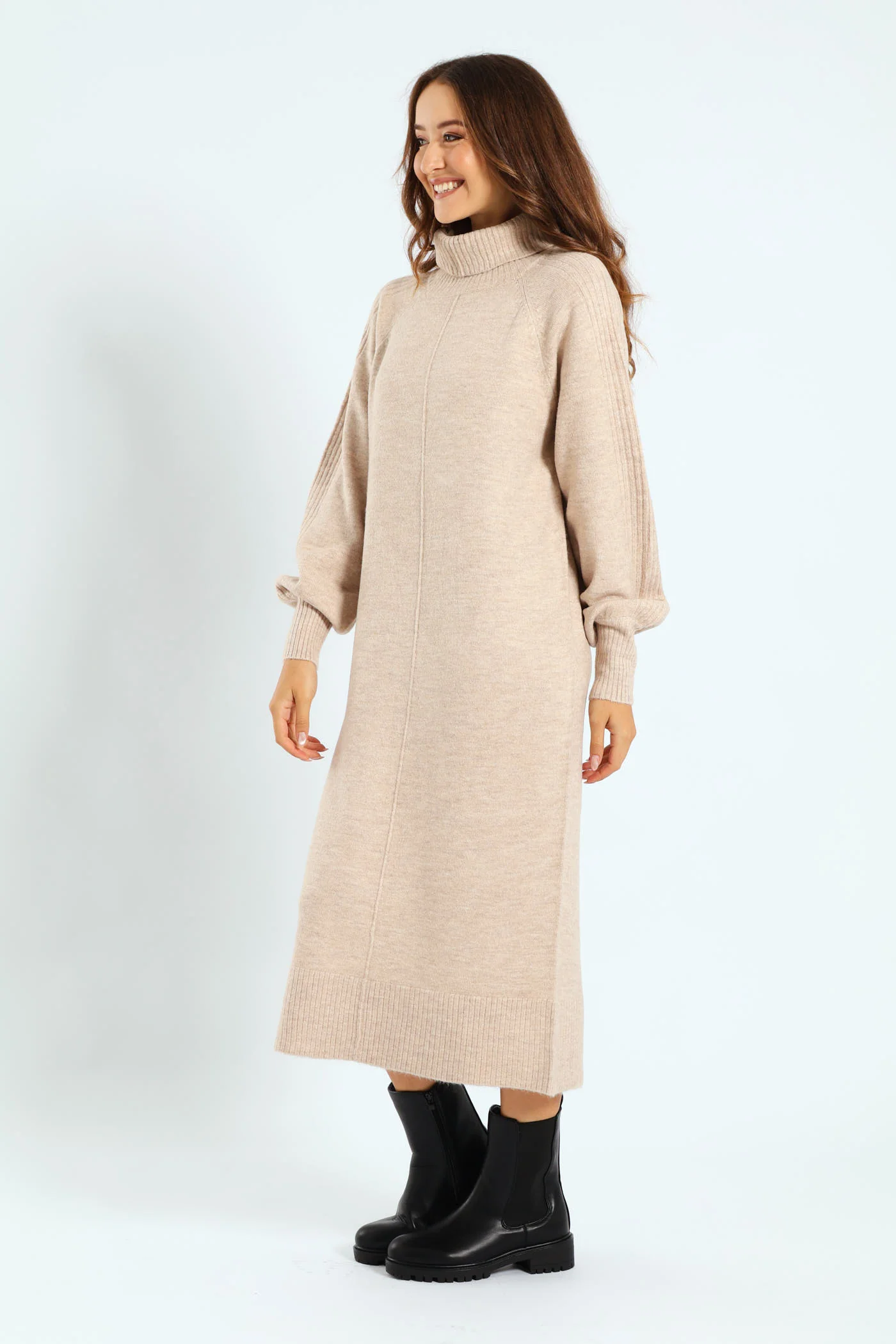 Balloon Sleeve Roll Neck Midi Dress - Oatmeal Melange - Image 4