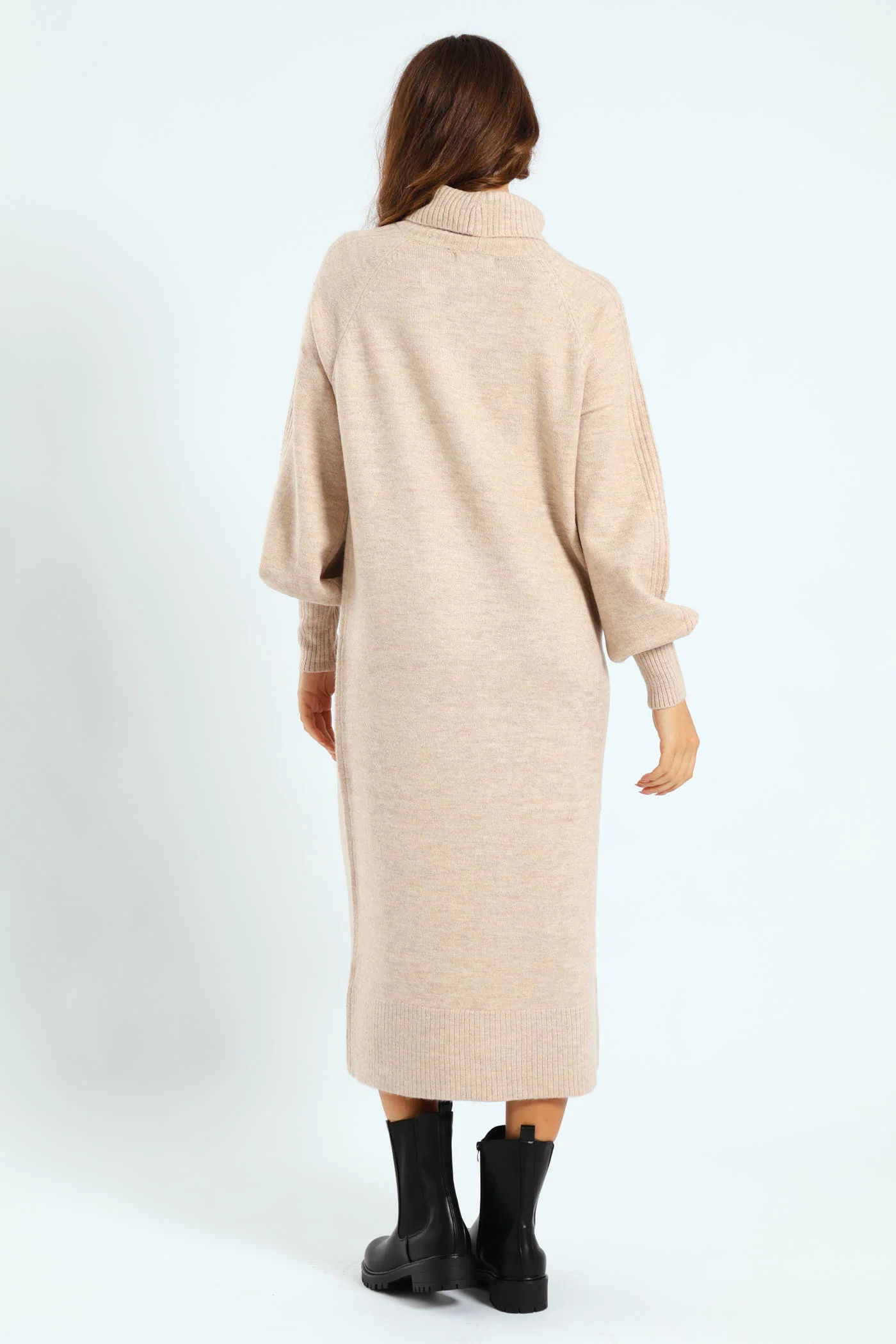 Balloon Sleeve Roll Neck Midi Dress - Oatmeal Melange - Image 5