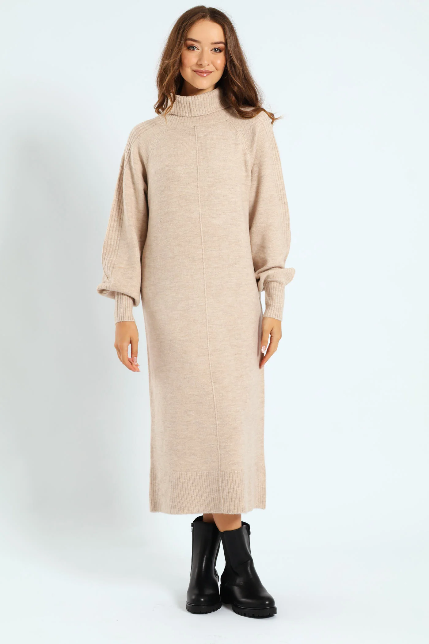 Balloon Sleeve Roll Neck Midi Dress - Oatmeal Melange - Image 6