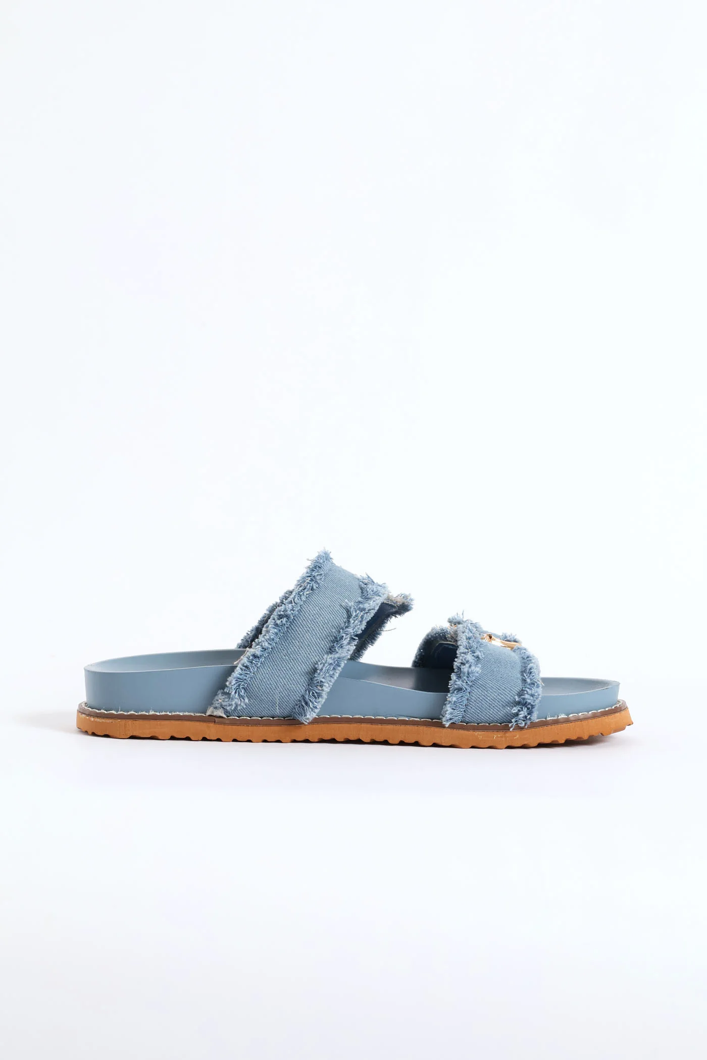 Bamboo Shaped Buckle Fringe Detail Slide Sandal - Denim - Image 2