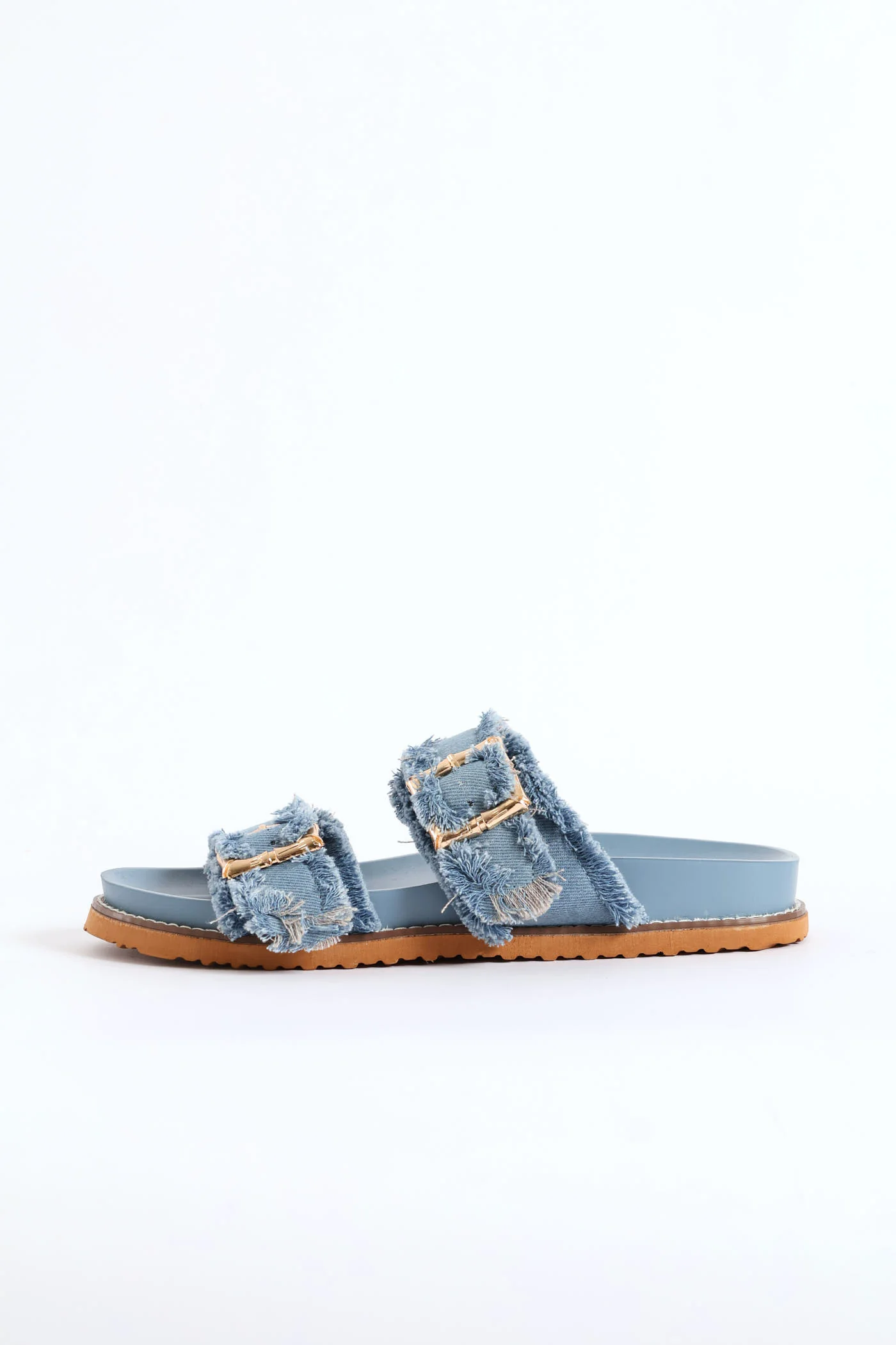Bamboo Shaped Buckle Fringe Detail Slide Sandal - Denim - Image 3