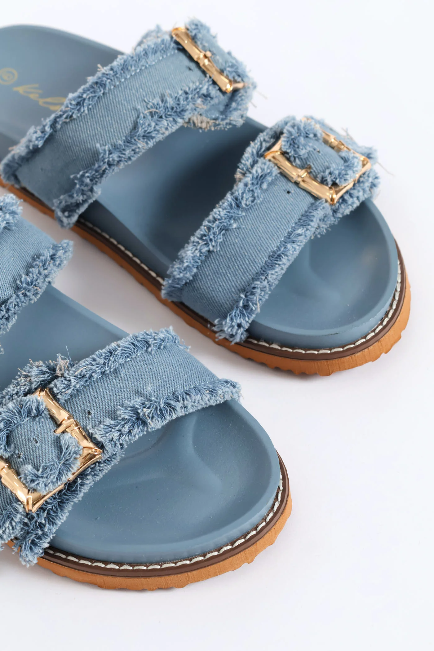 Bamboo Shaped Buckle Fringe Detail Slide Sandal - Denim - Image 4