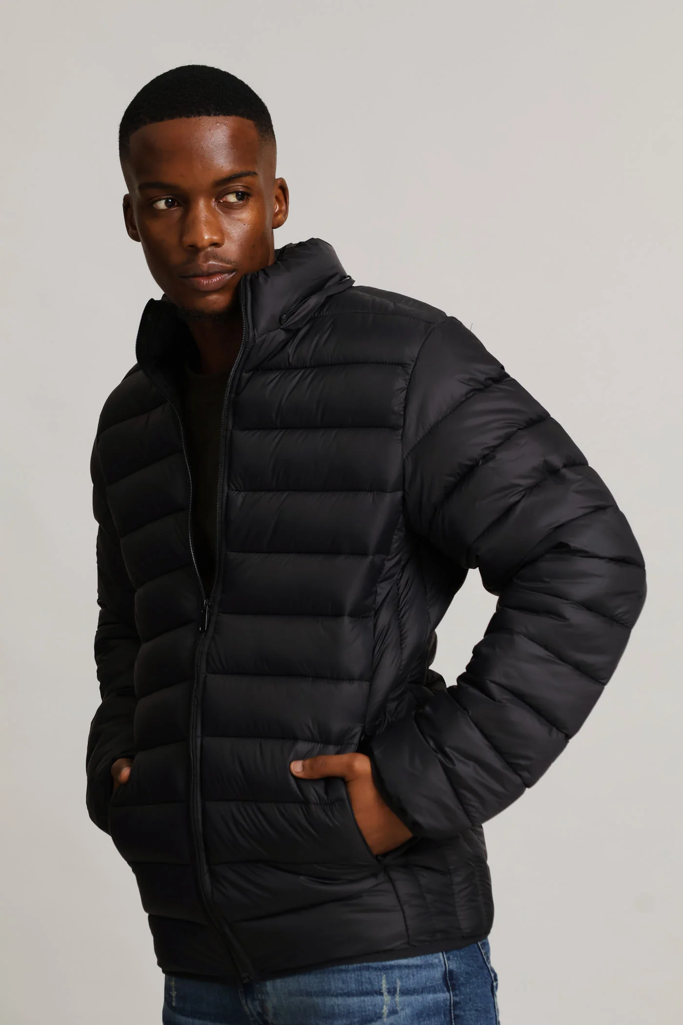 Basic Hooded Puffer Jacket - Black - Image 3