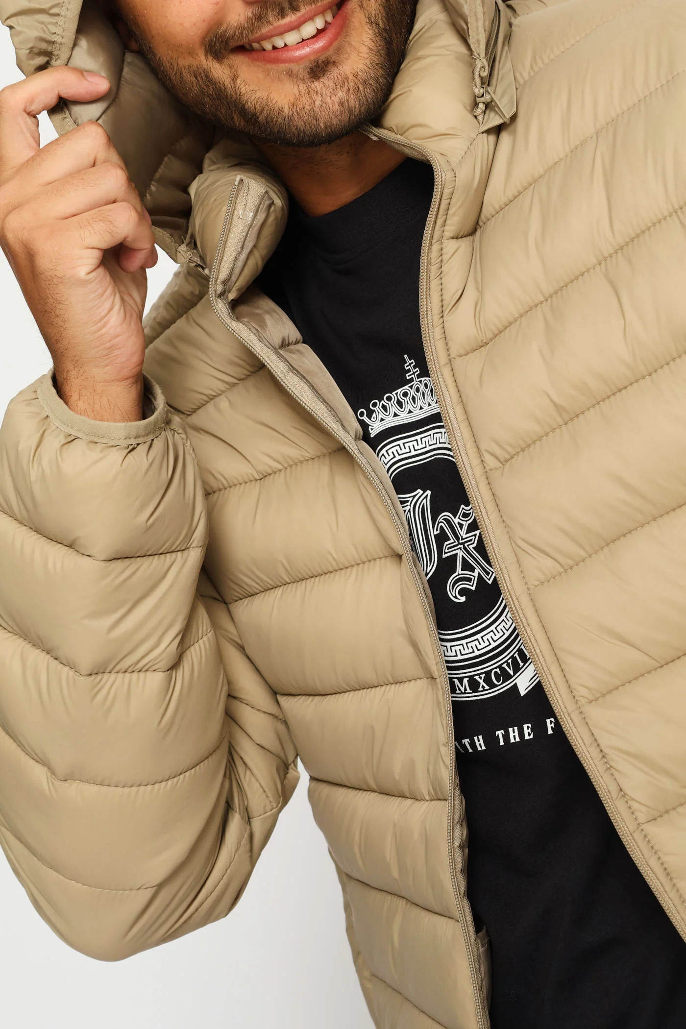 Basic Hooded Puffer Jacket - Taupe - Image 2