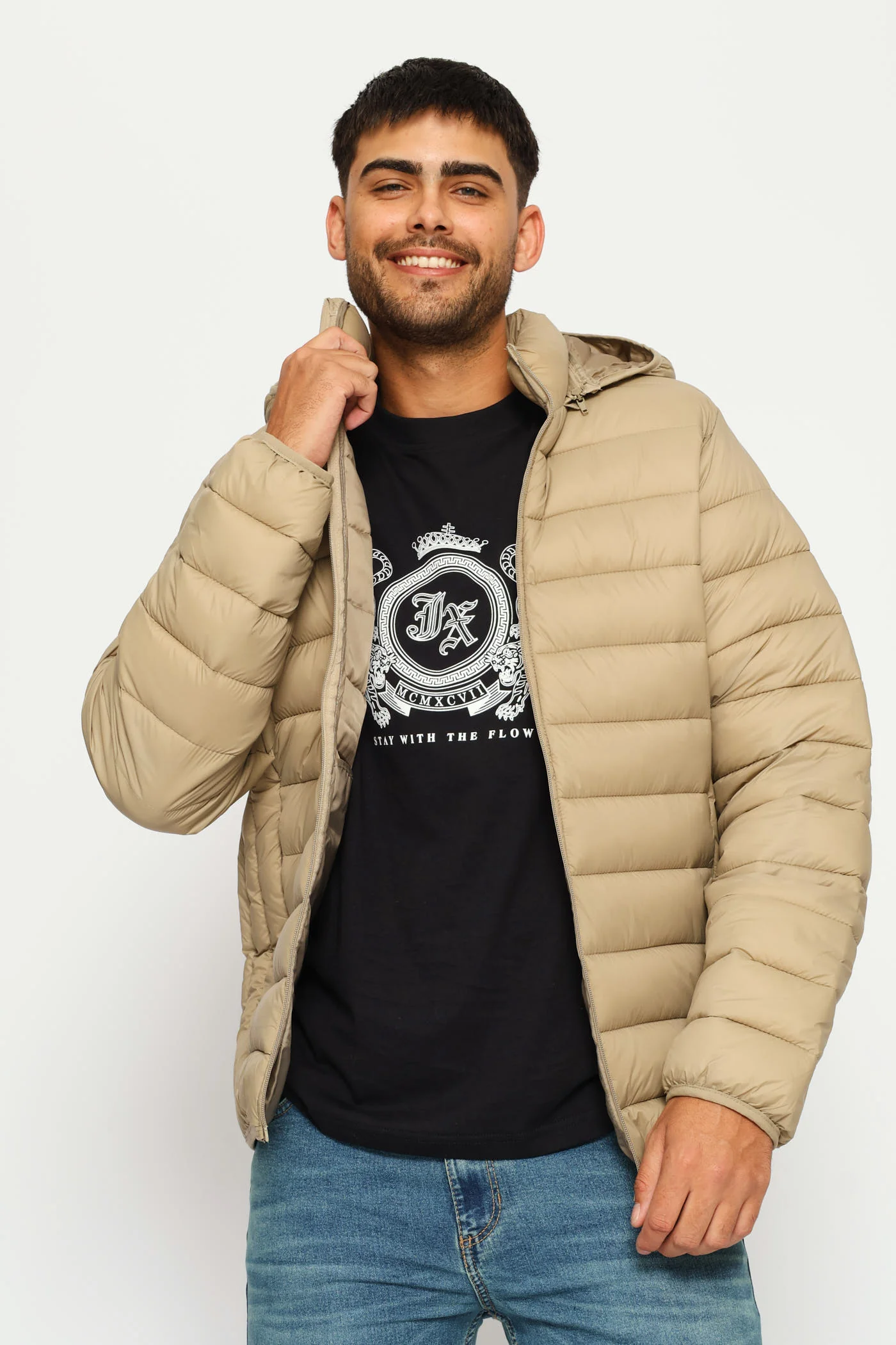 Basic Hooded Puffer Jacket - Taupe - Image 4