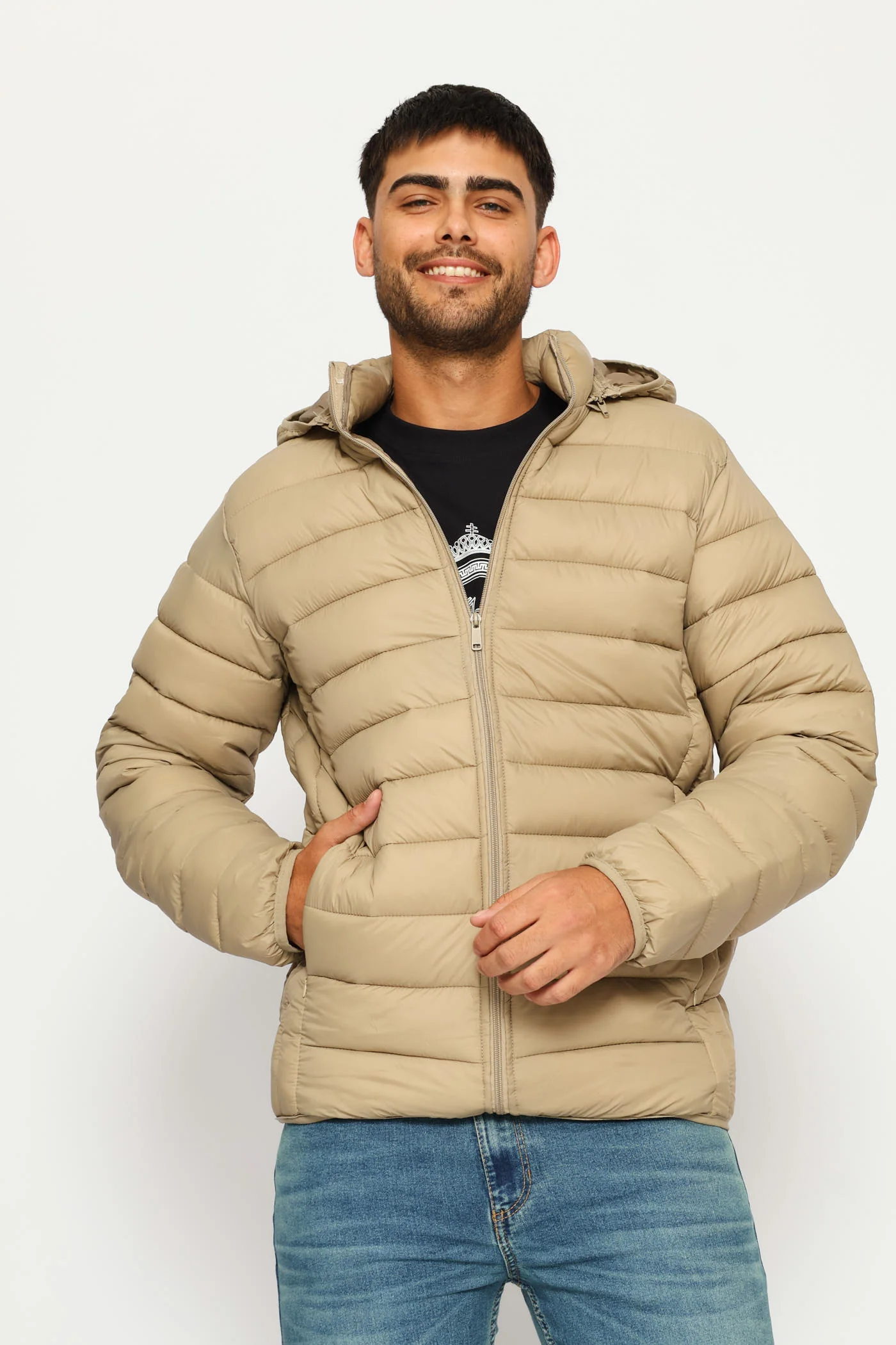 Basic Hooded Puffer Jacket - Taupe - Image 5