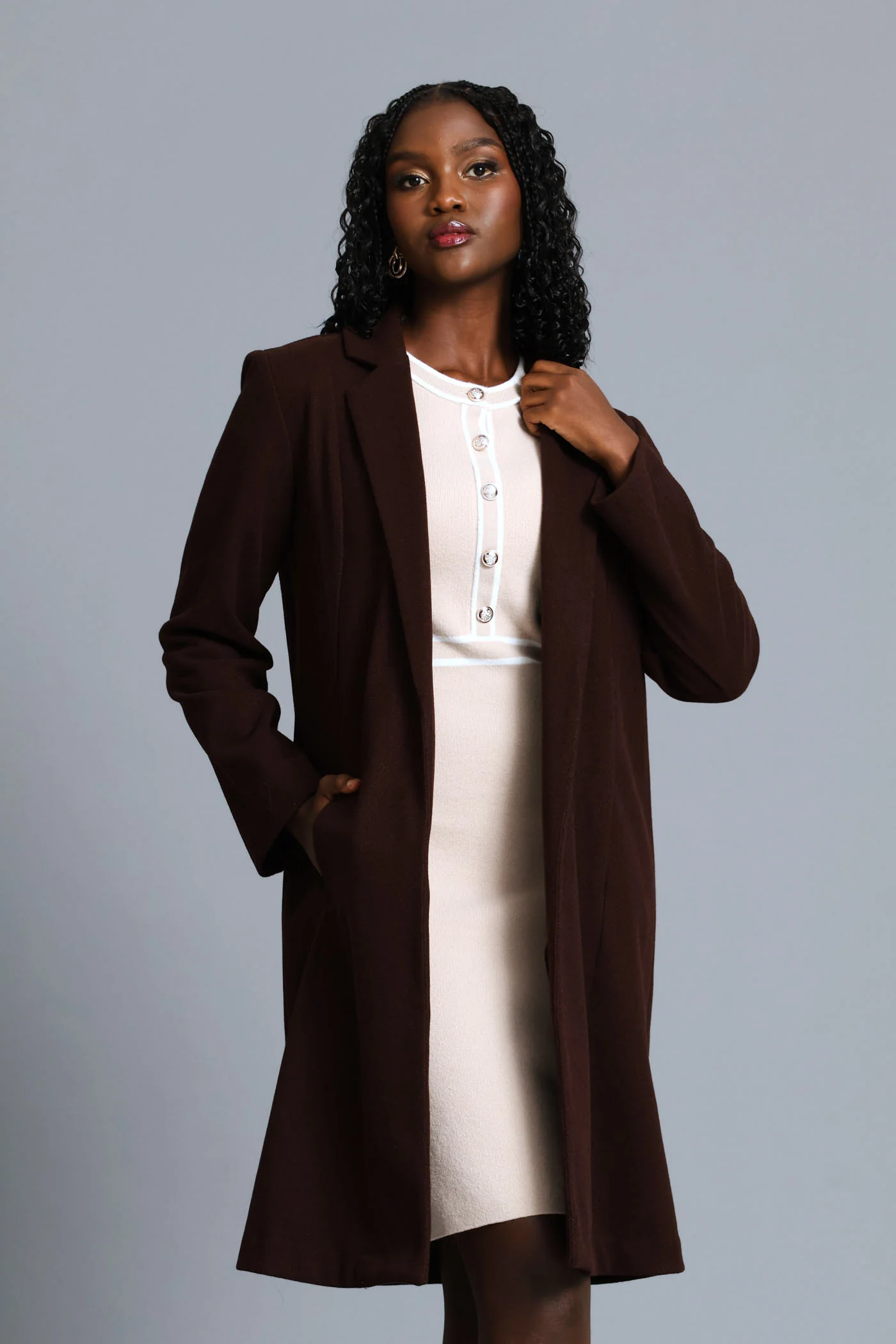 Basic Panelled Pocket Coat - Chocolate - Image 11