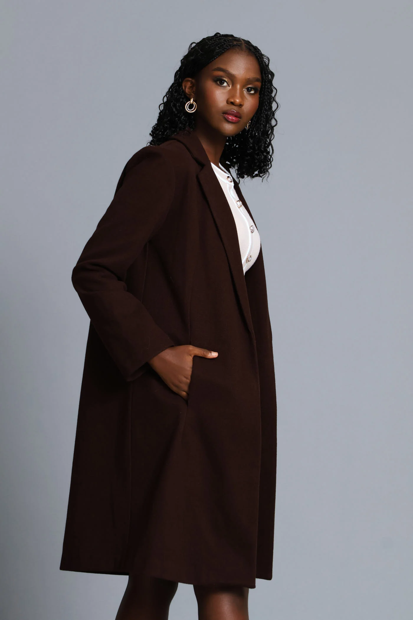 Basic Panelled Pocket Coat - Chocolate - Image 12