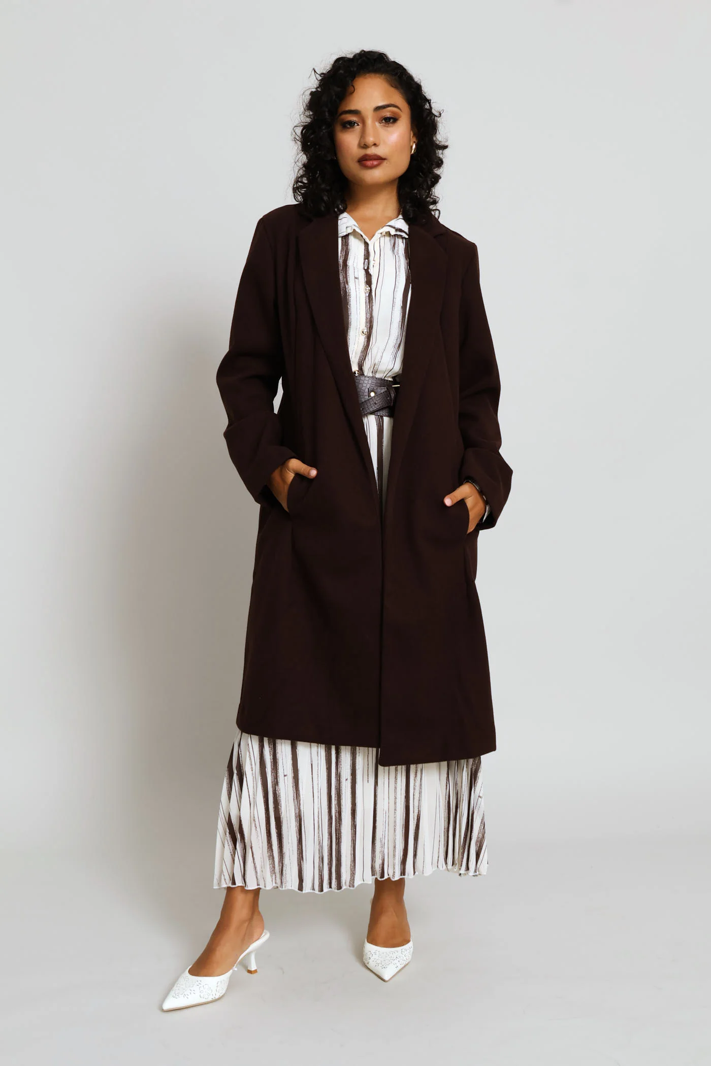 Basic Panelled Pocket Coat - Chocolate - Image 3