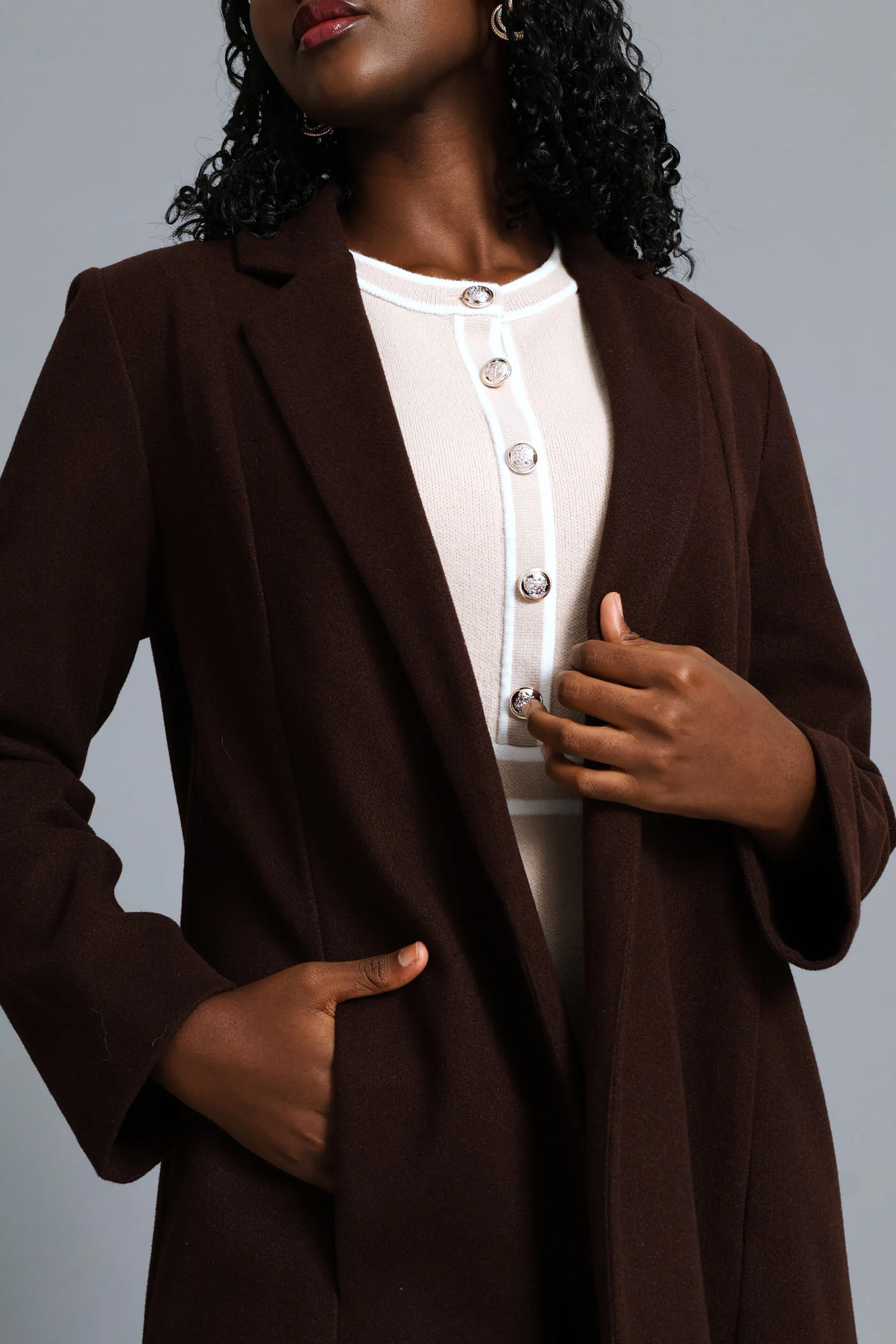 Basic Panelled Pocket Coat - Chocolate - Image 9