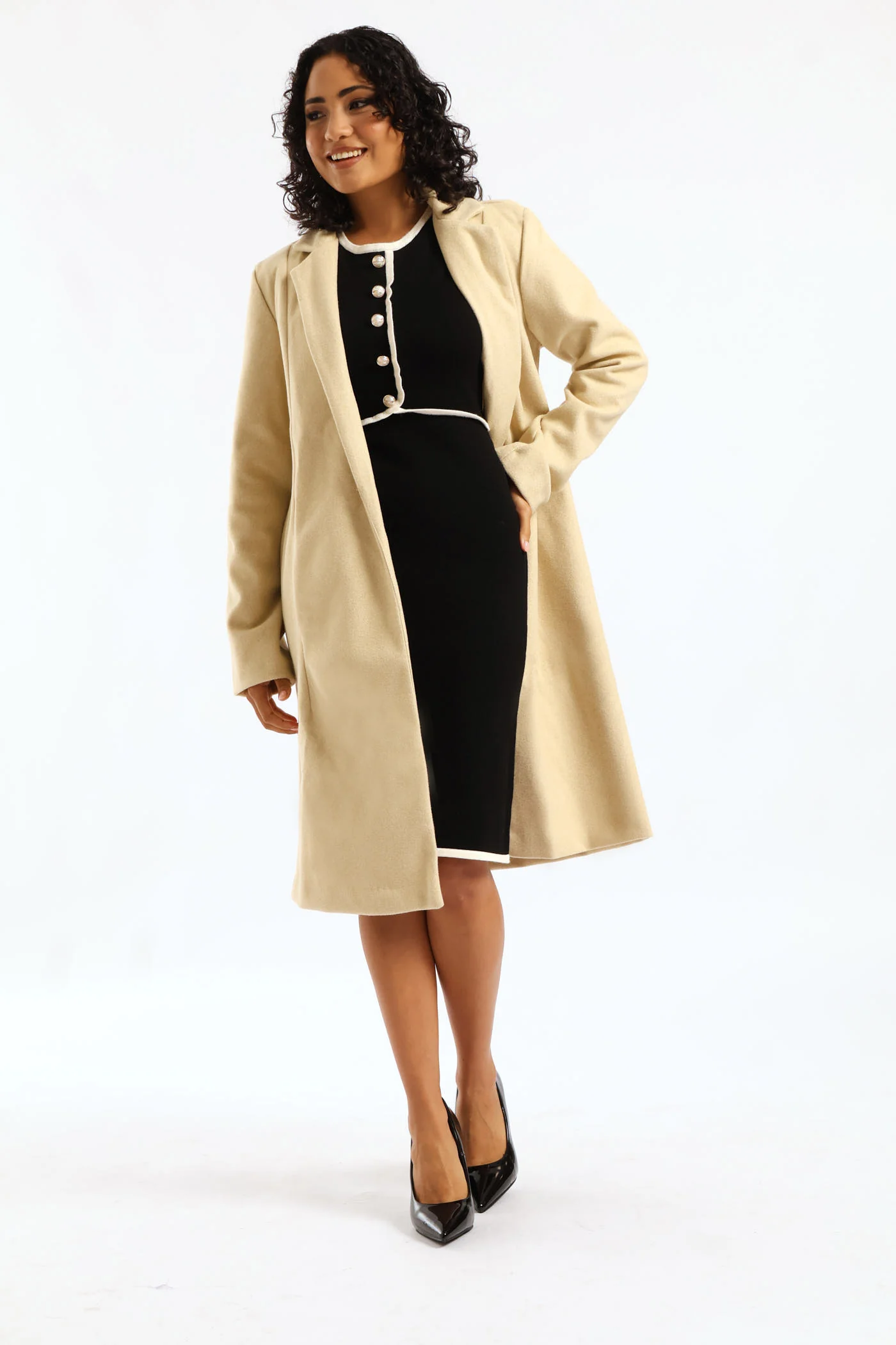 Basic Panelled Pocket Coat - Oatmeal - Image 3