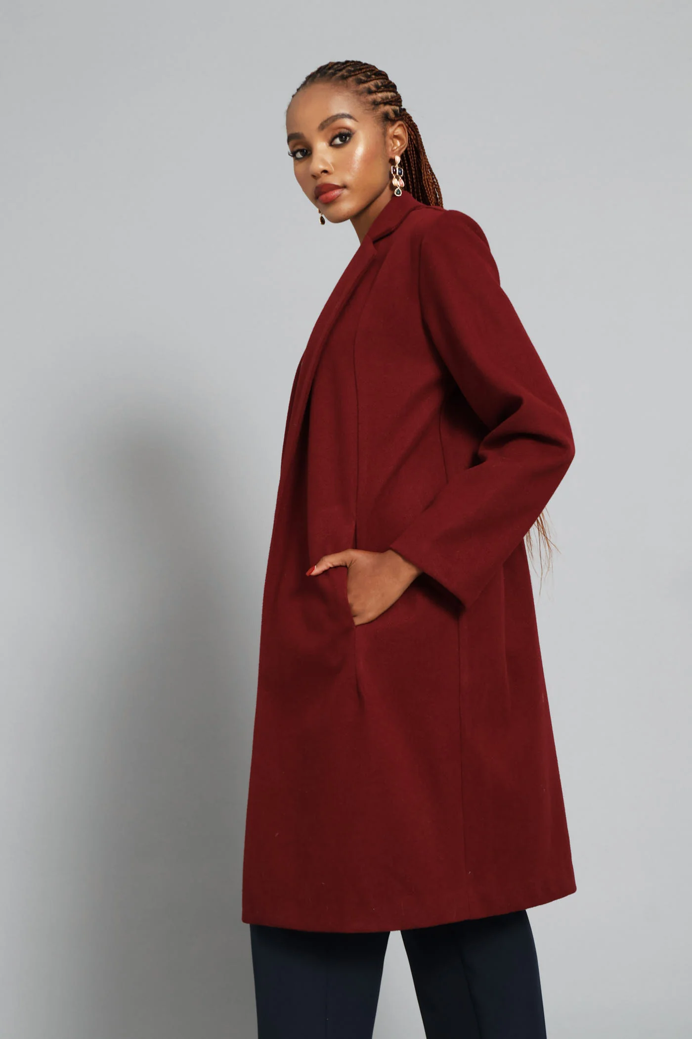 Basic Panelled Pocket Coat - Wine - Image 4
