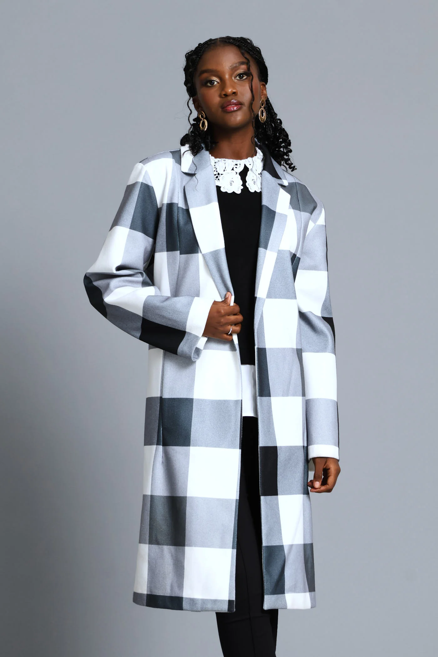 Basic Panelled Pocket Plaid Coat - Black/Grey - Image 2