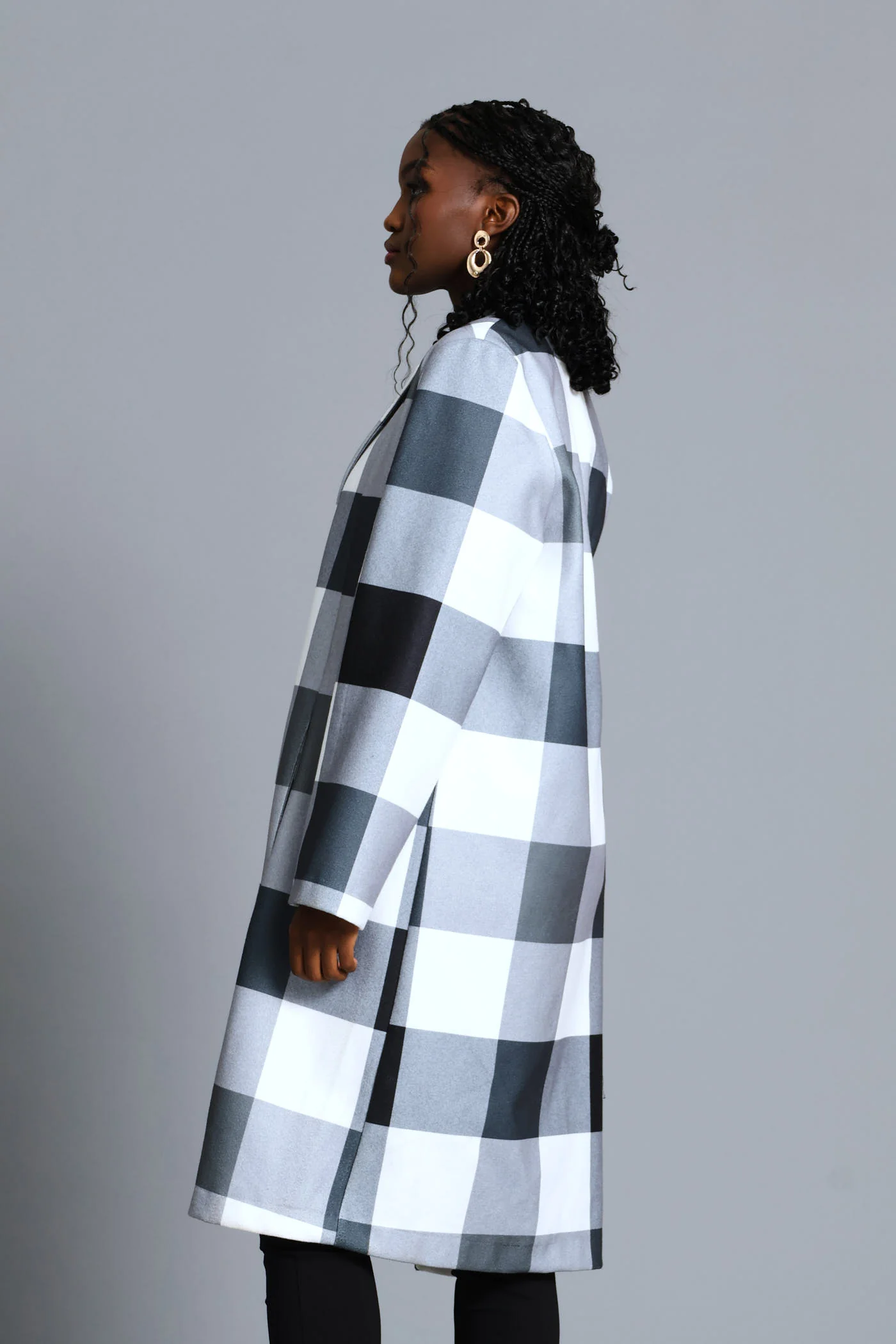 Basic Panelled Pocket Plaid Coat - Black/Grey - Image 3