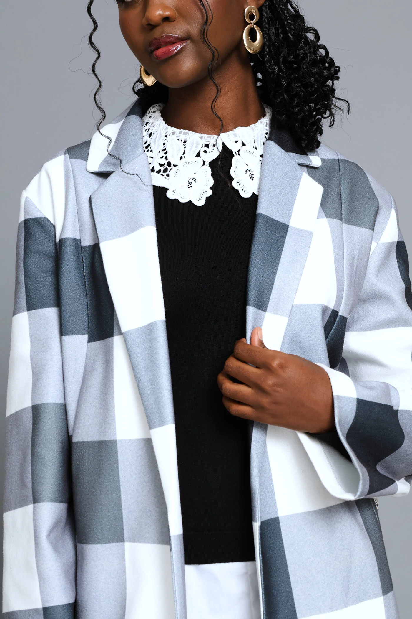 Basic Panelled Pocket Plaid Coat - Black/Grey - Image 5