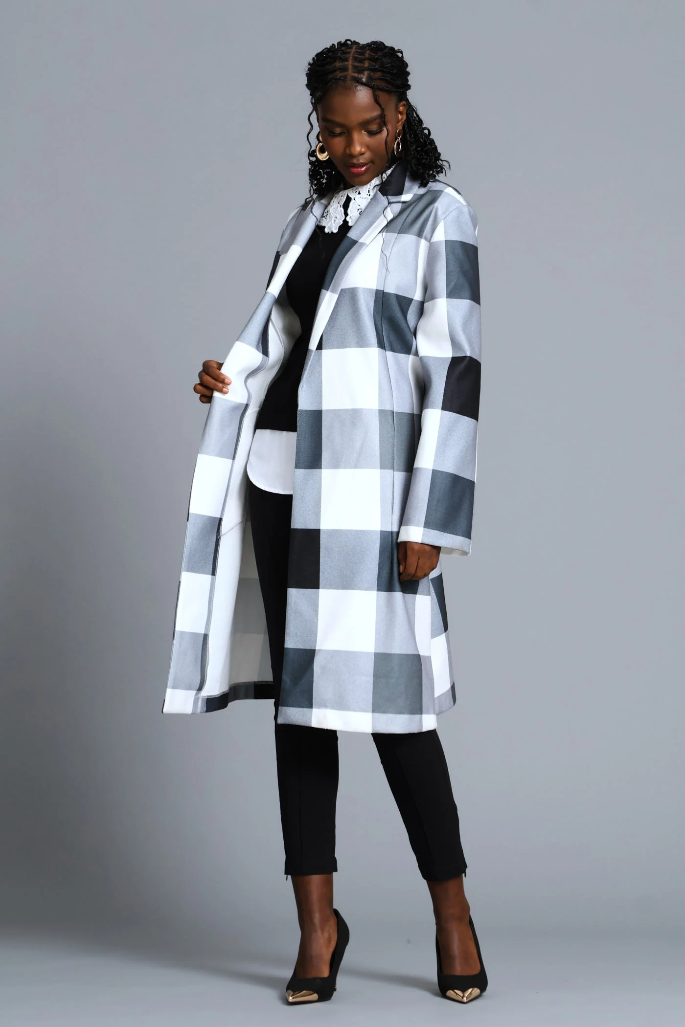 Basic Panelled Pocket Plaid Coat - Black/Grey - Image 7