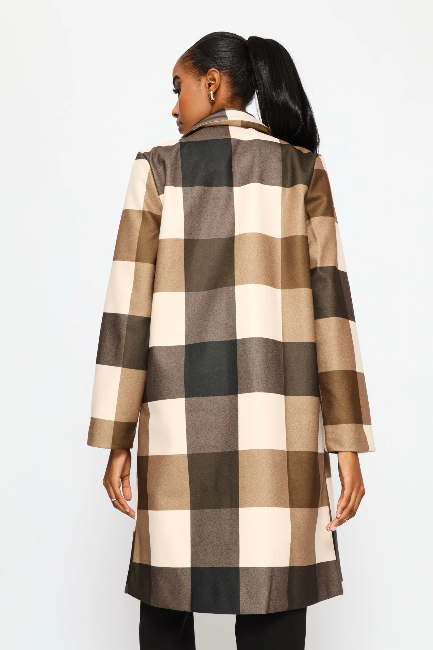 Basic Panelled Pocket Plaid Coat - Brown - Image 2