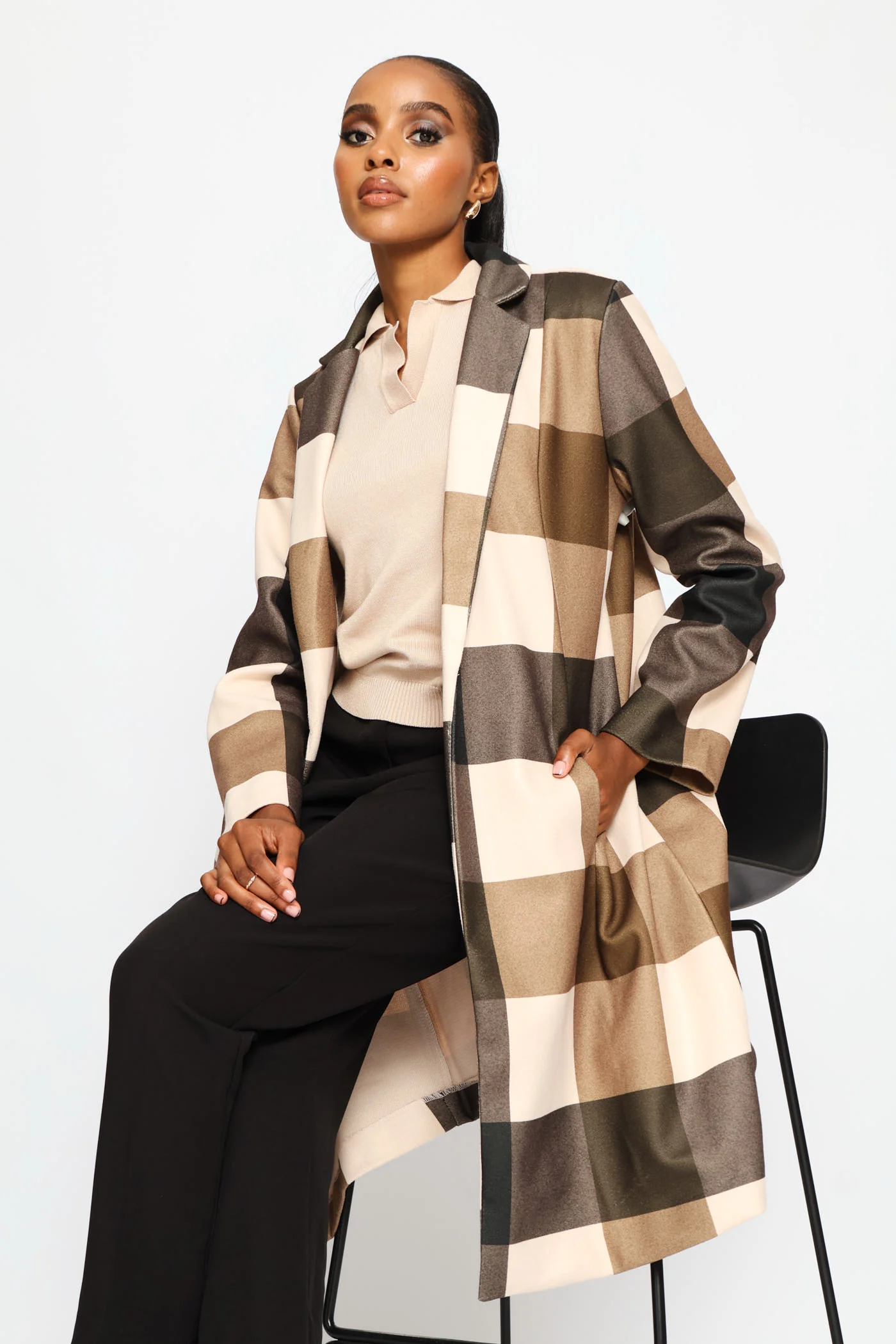 Basic Panelled Pocket Plaid Coat - Brown - Image 3