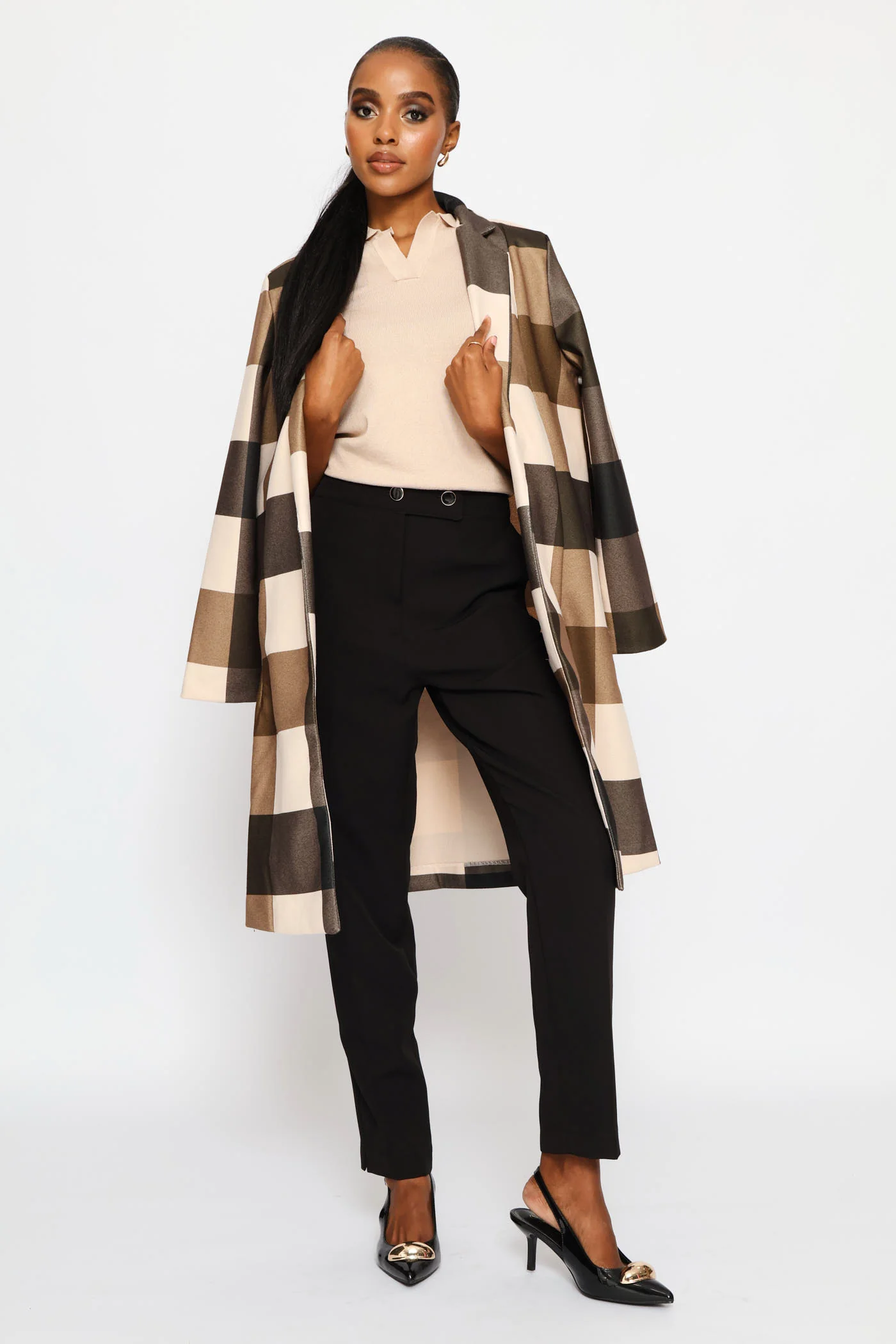 Basic Panelled Pocket Plaid Coat - Brown - Image 4
