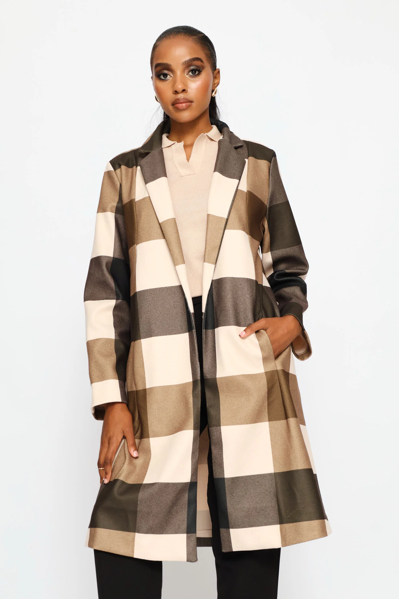 Basic Panelled Pocket Plaid Coat - Brown - Image 5