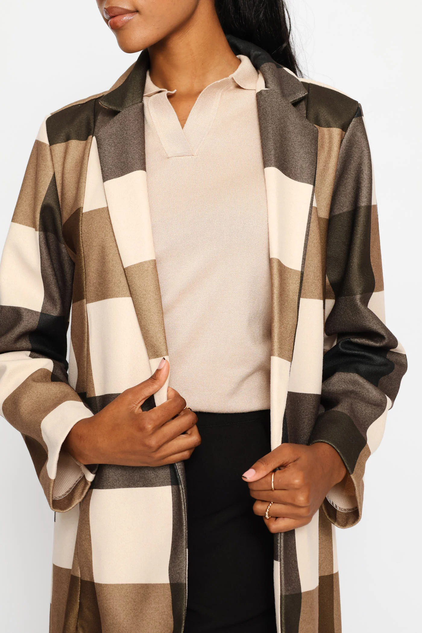 Basic Panelled Pocket Plaid Coat - Brown - Image 6