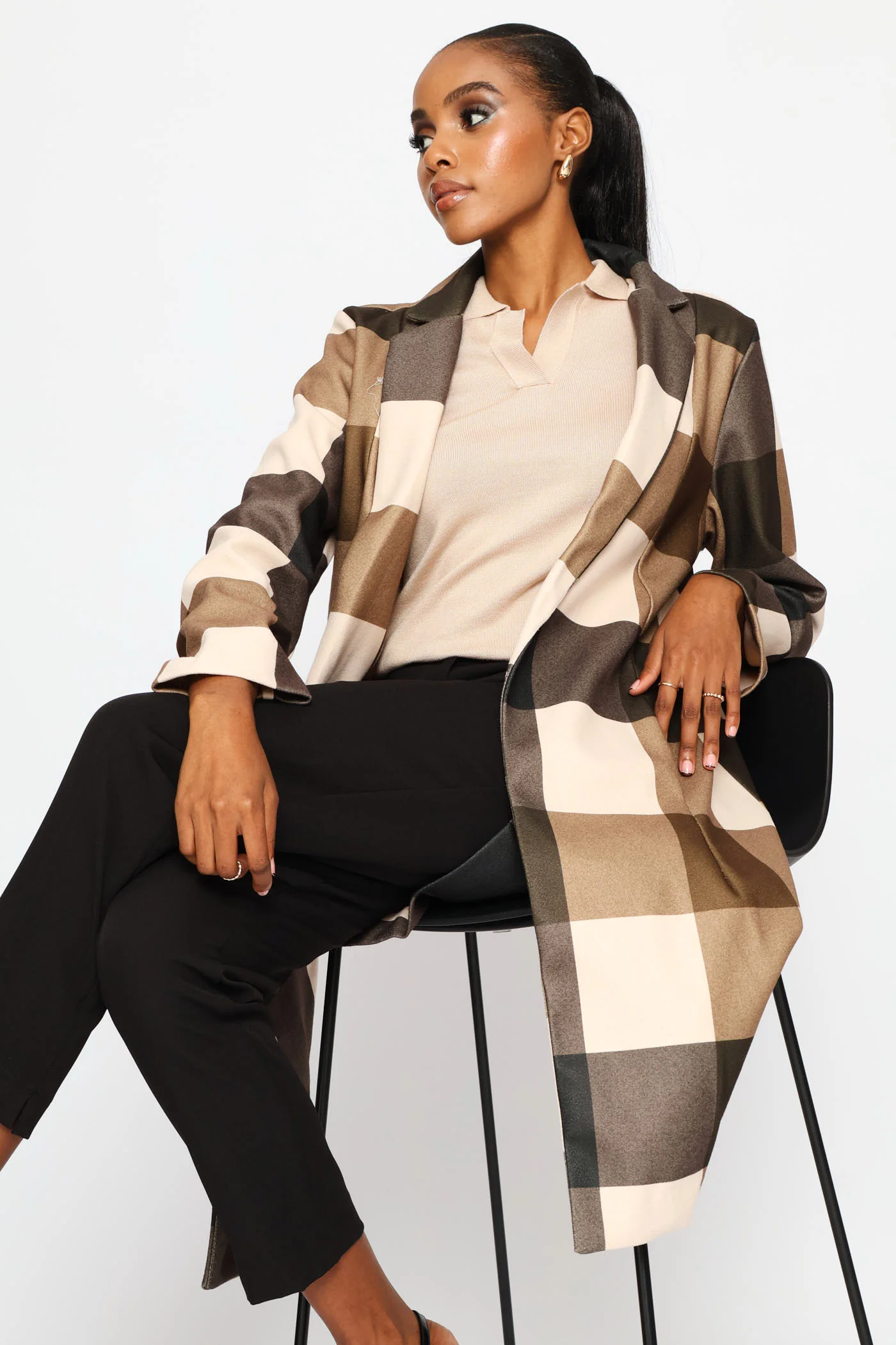 Basic Panelled Pocket Plaid Coat - Brown - Image 7