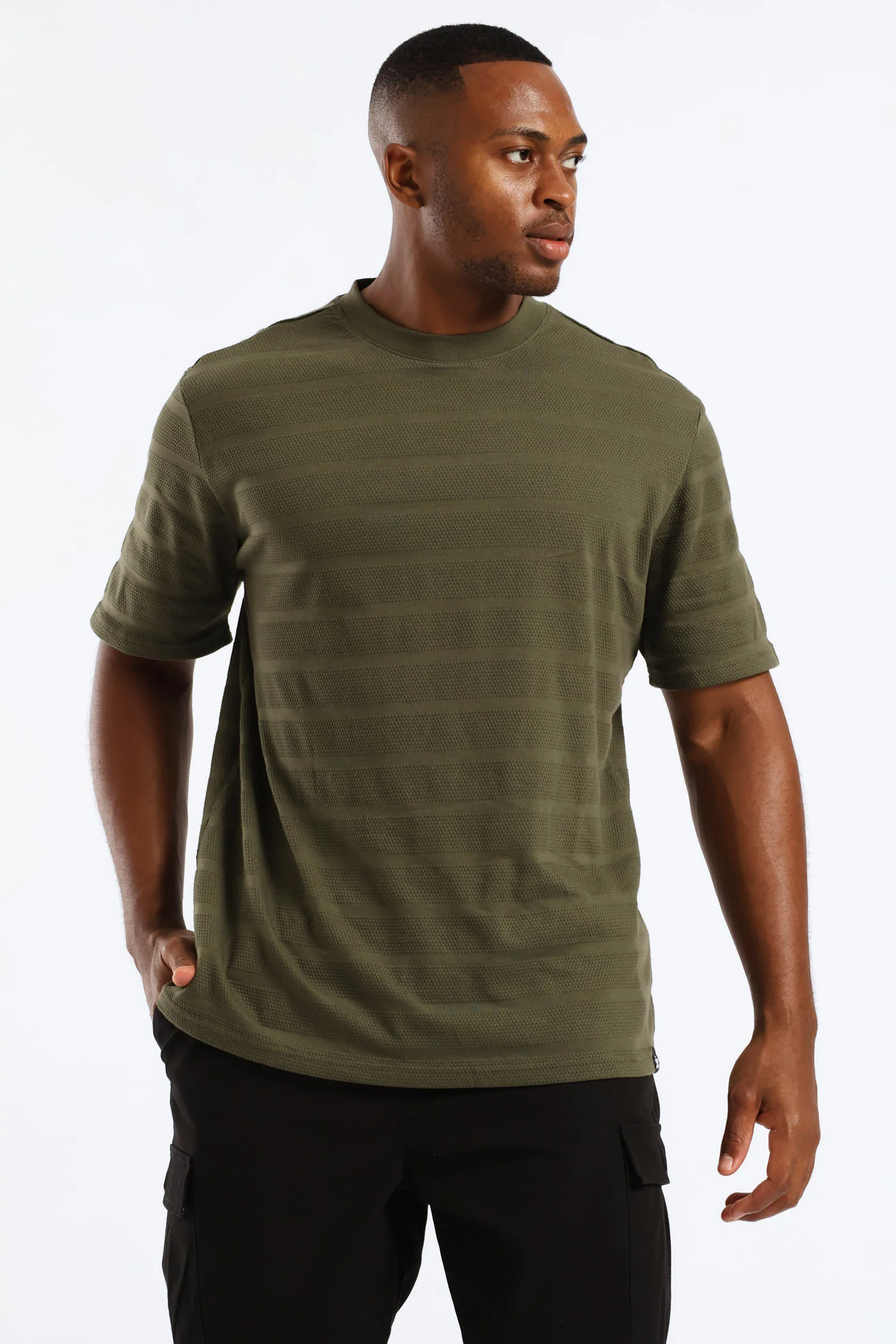 Basic Stripe Waffle T-Shirt - Olive - Image 3
