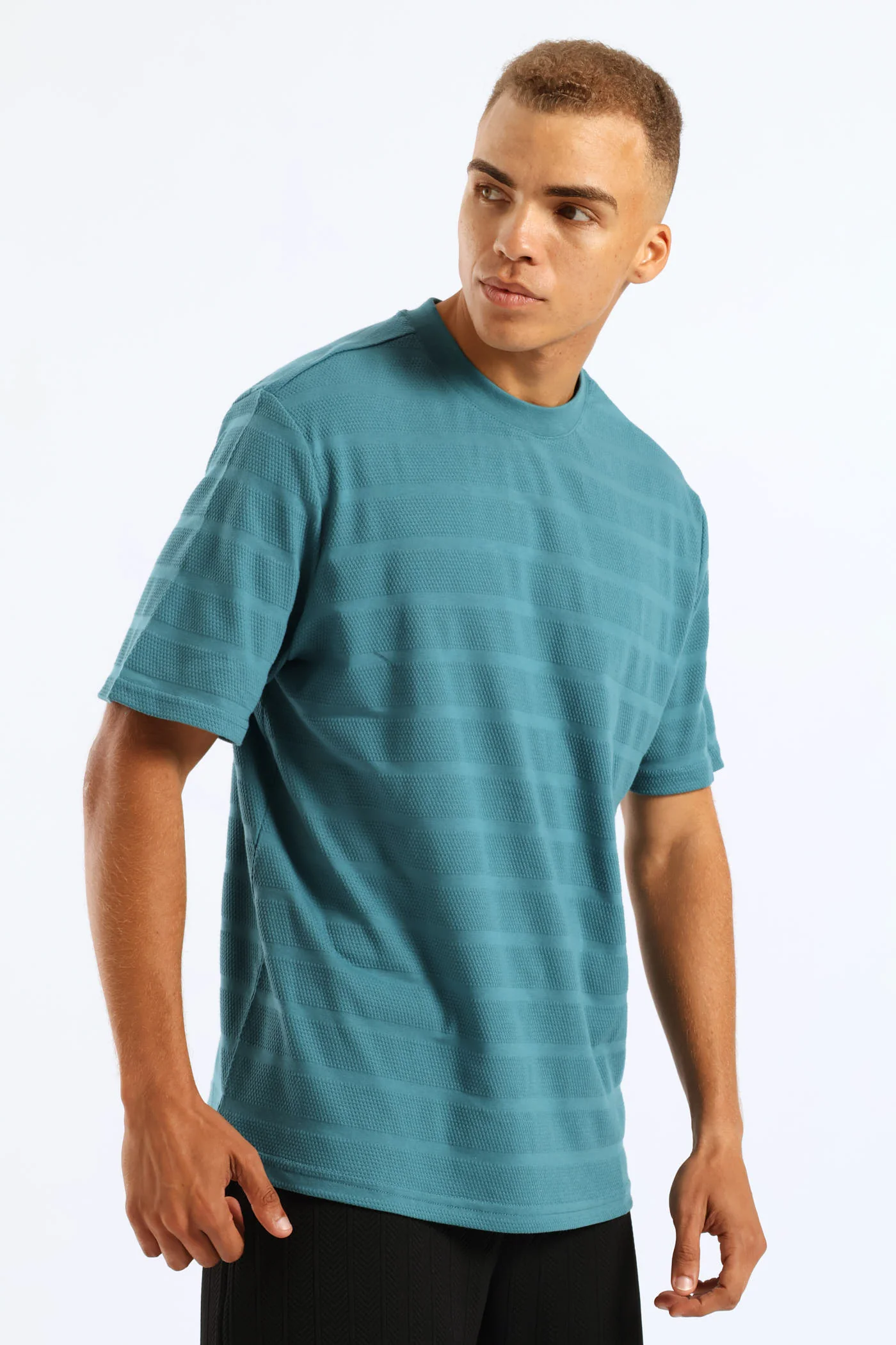 Basic Stripe Waffle Tee - Teal - Image 3