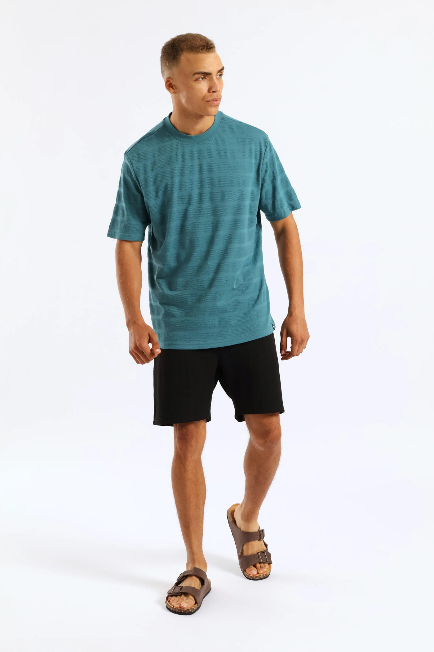 Basic Stripe Waffle Tee - Teal - Image 4