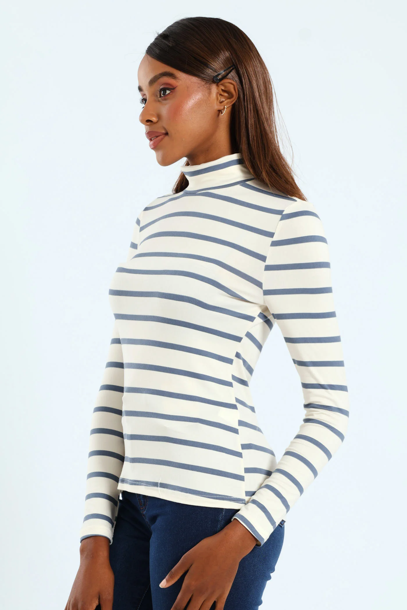 Basic Striped Poloneck - Cream/Smokey Blue - Image 2