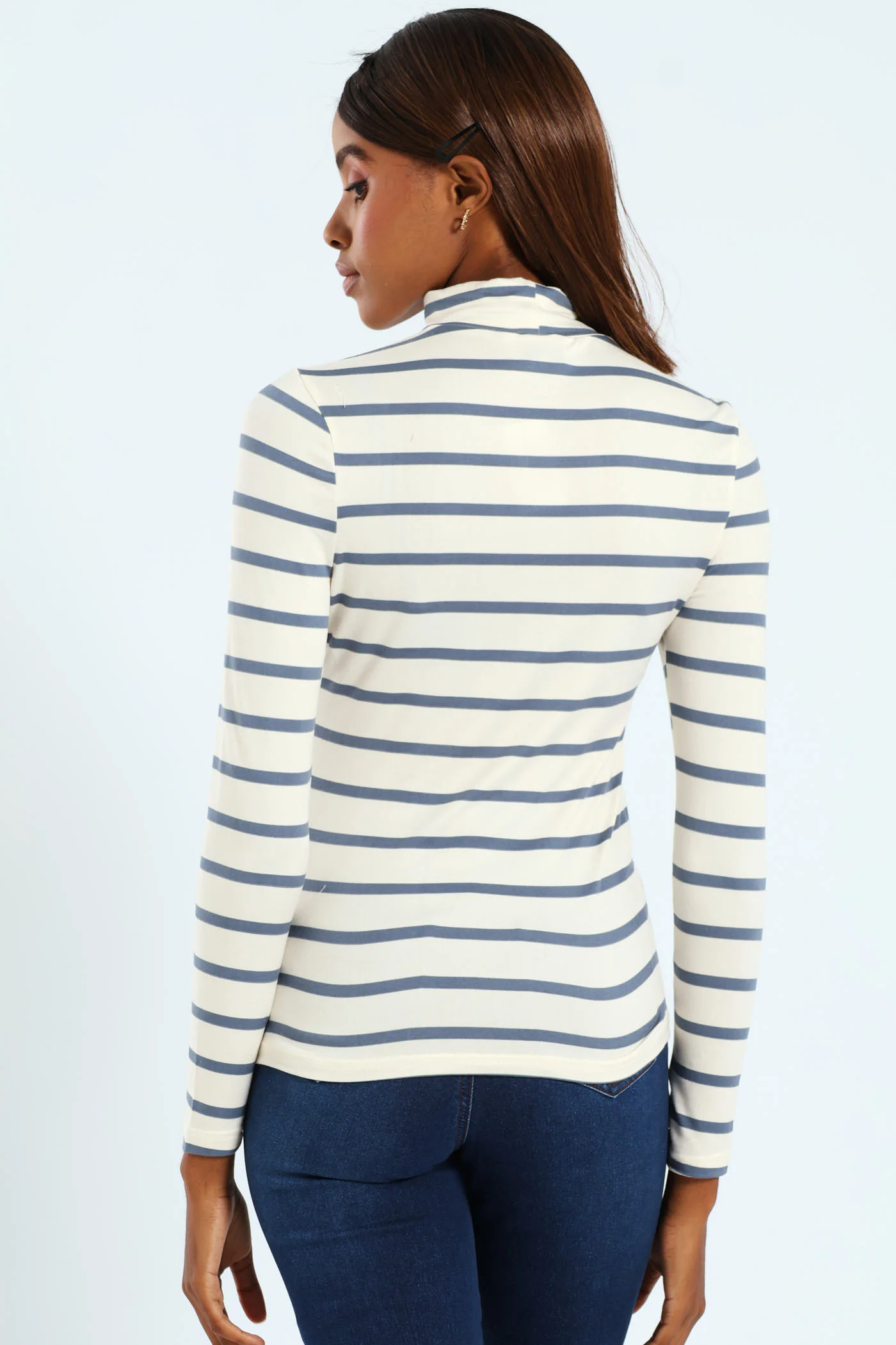 Basic Striped Poloneck - Cream/Smokey Blue - Image 3