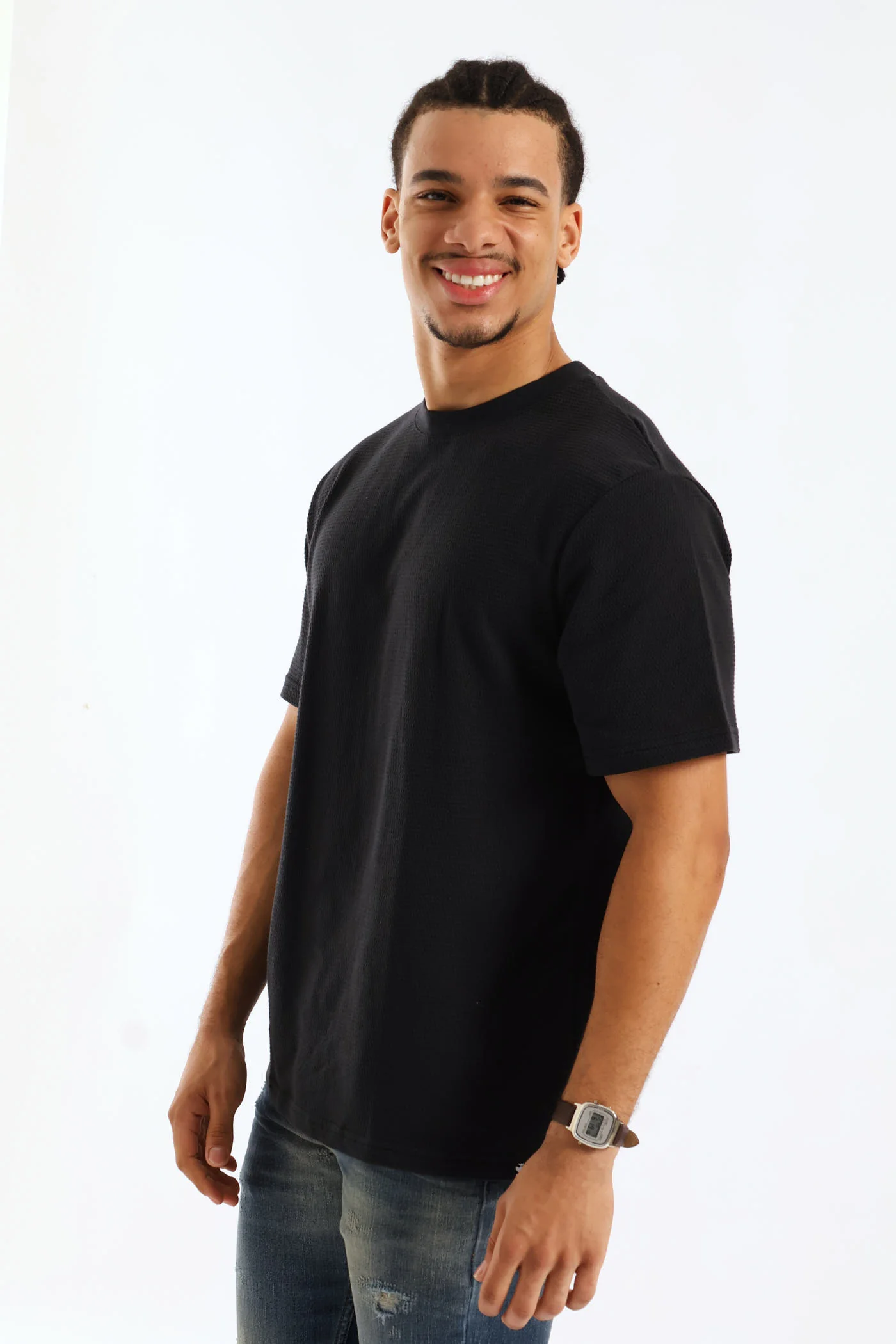 Basic Textured Crew Tee - Black - Image 3