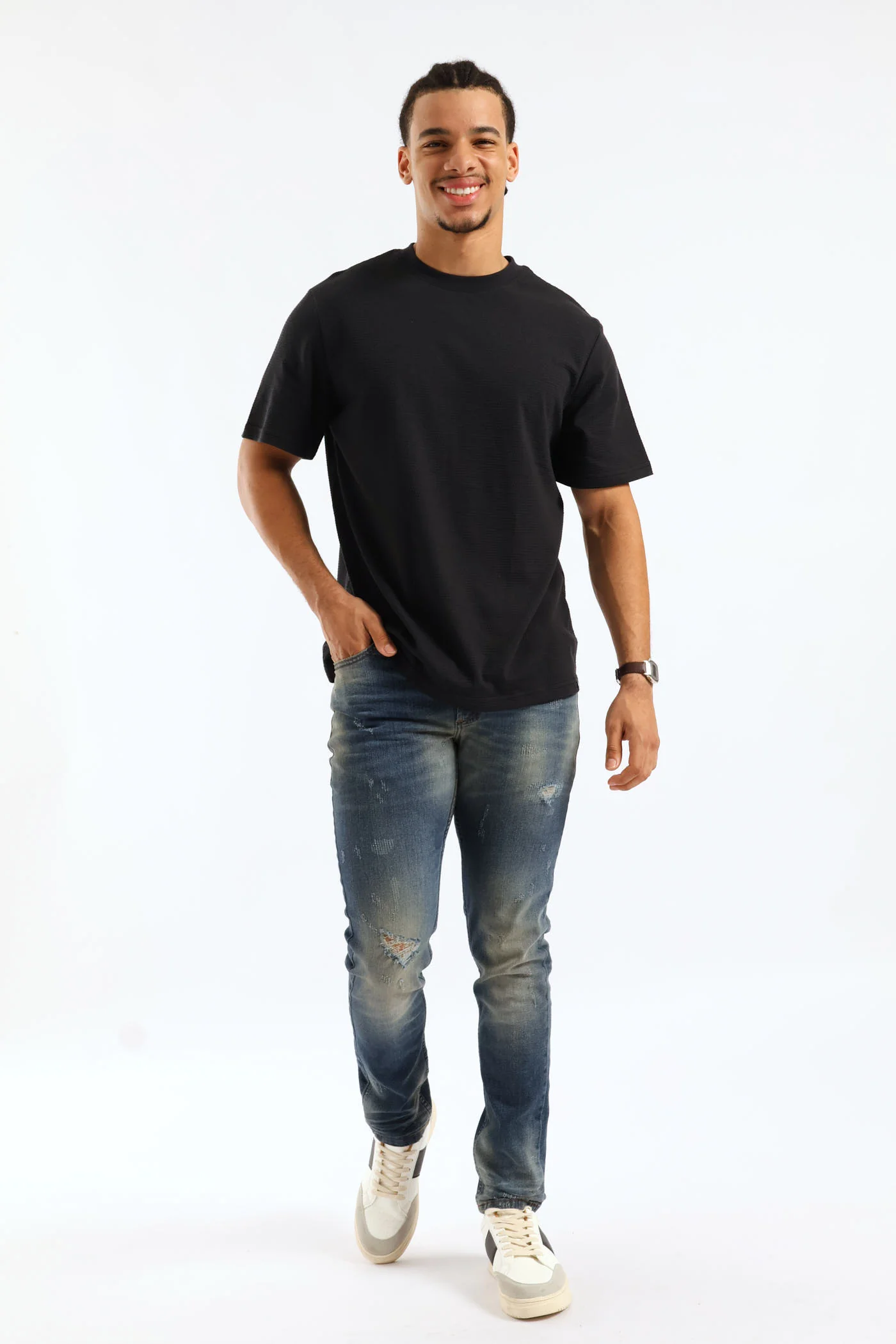 Basic Textured Crew Tee - Black - Image 4