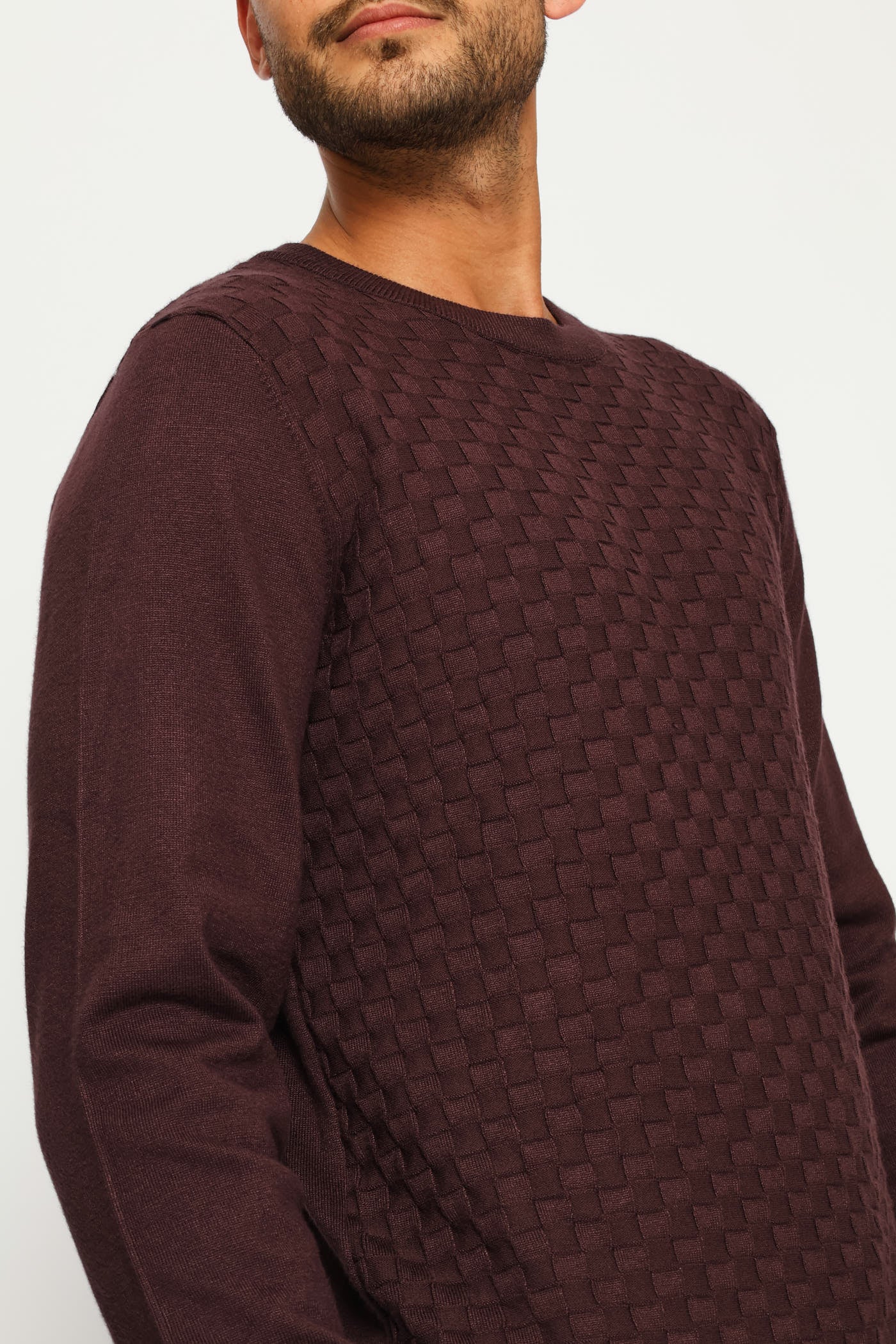 Basket Weave Long Sleeve Knit Tee - Burgundy - Image 2