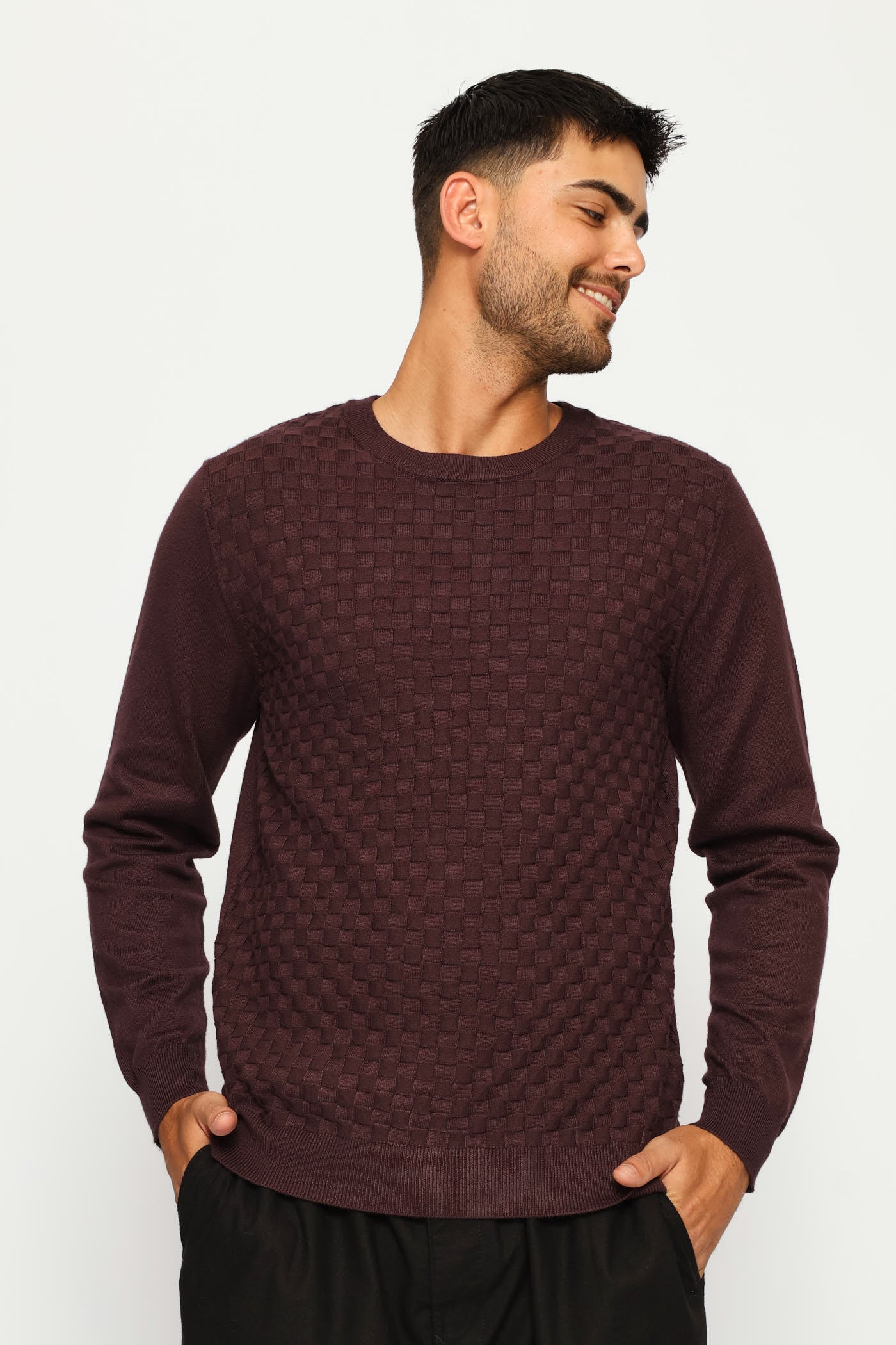 Basket Weave Long Sleeve Knit Tee - Burgundy - Image 3