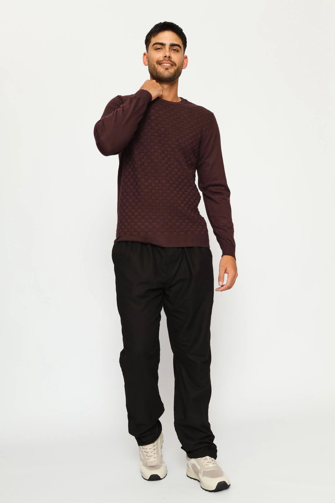 Basket Weave Long Sleeve Knit Tee - Burgundy - Image 5