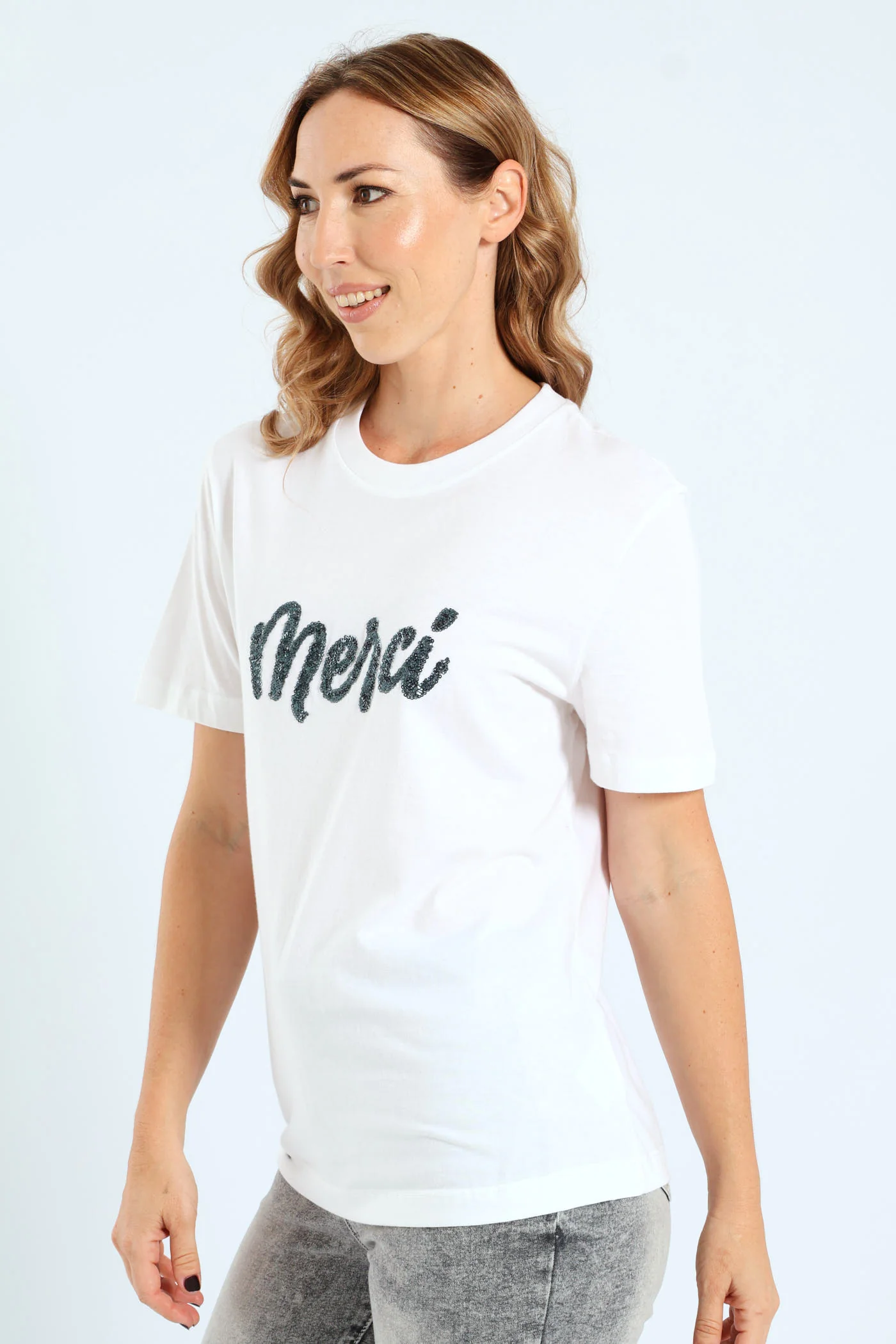 Beaded Merci Oversized Tee - White - Image 2
