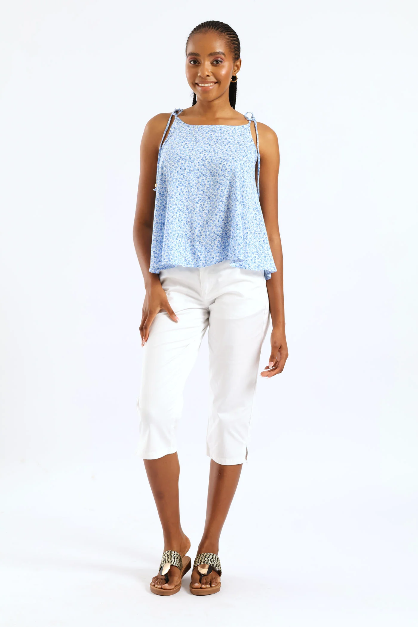 Beaded Shoulder Tie Printed Swing Cami - White/Blue - Image 2