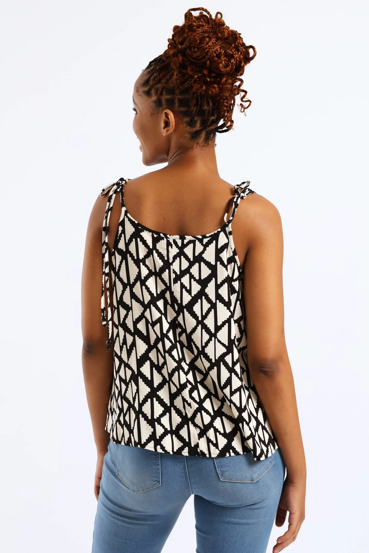 Beaded Shoulder Ties Print Swing Cami - Black/White - Image 2