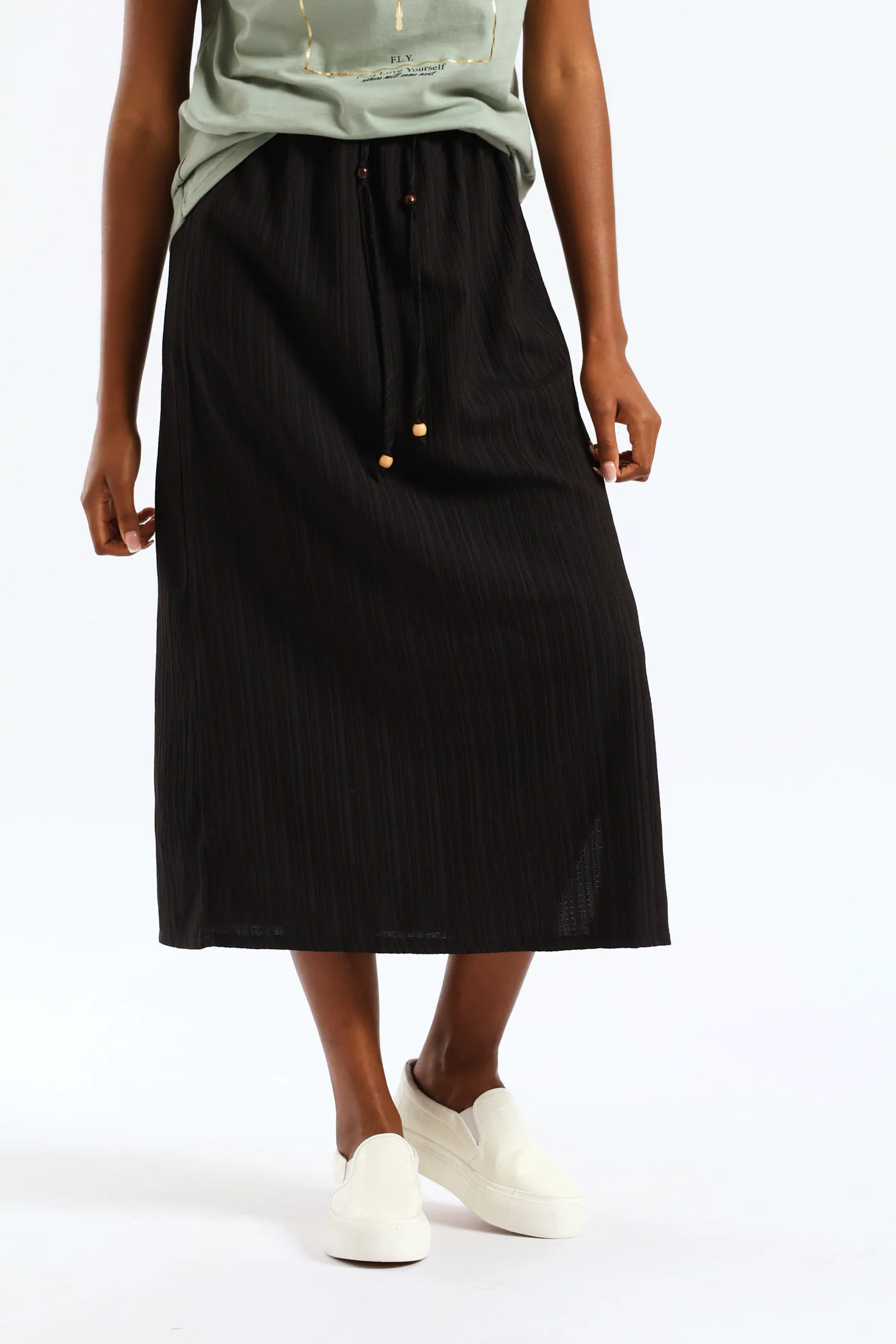 Beaded Ties Crinkle Pull-On Midi Skirt - Black - Image 2