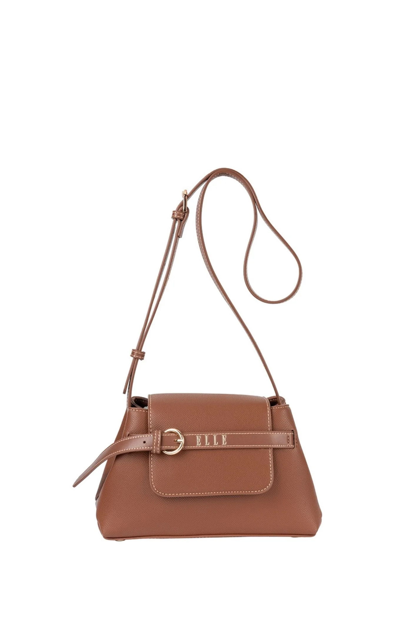 Belt Buckle Flapover Sling Bag - Brown - Image 2
