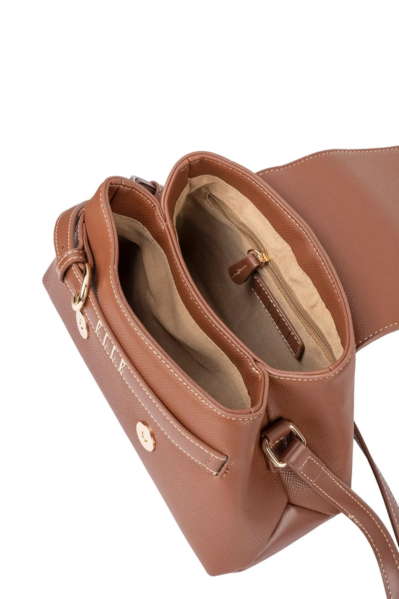 Belt Buckle Flapover Sling Bag - Brown - Image 3