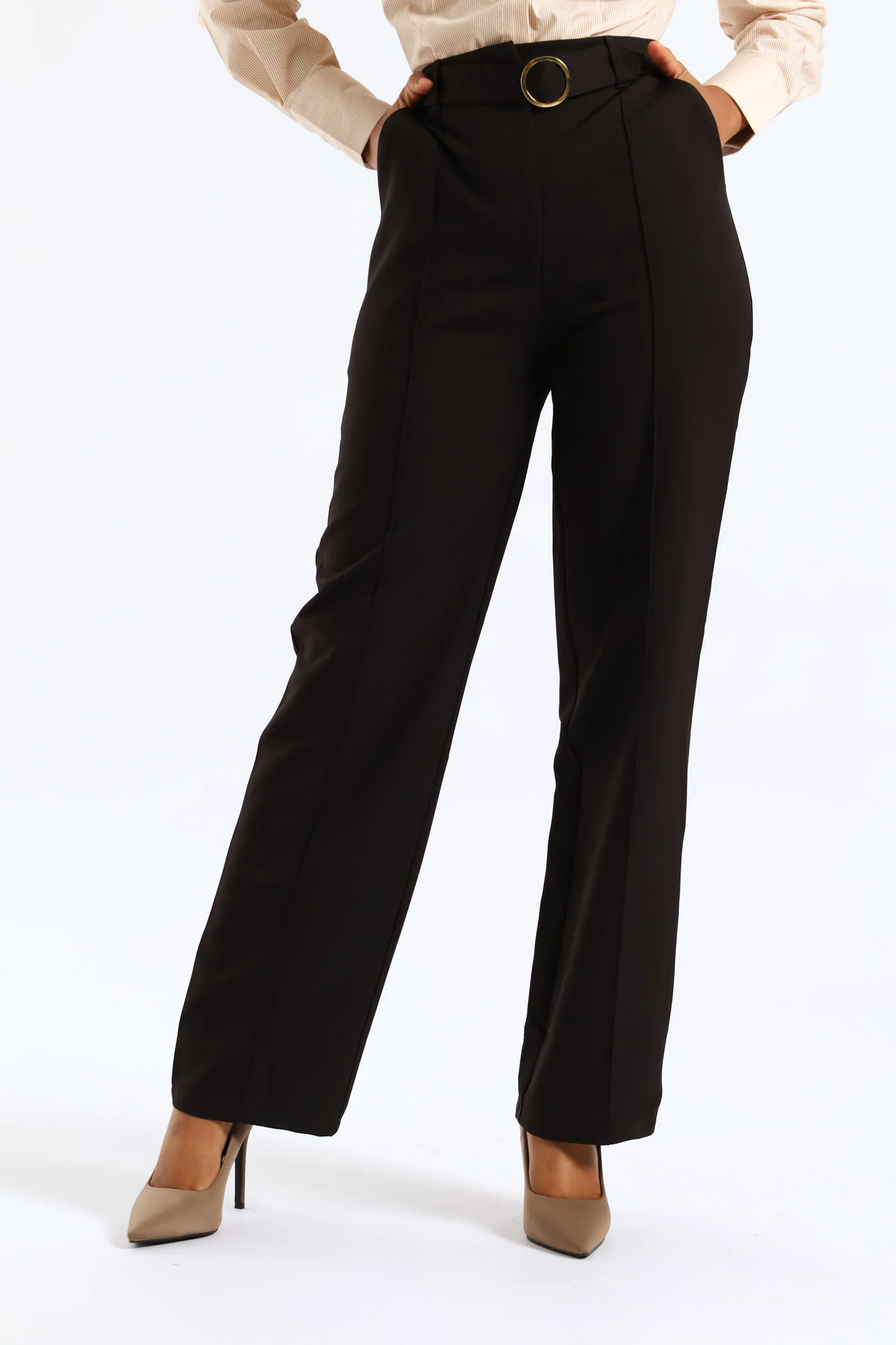 Belted Buckle Pin Tuck Straight Leg Pant - Black - Image 2