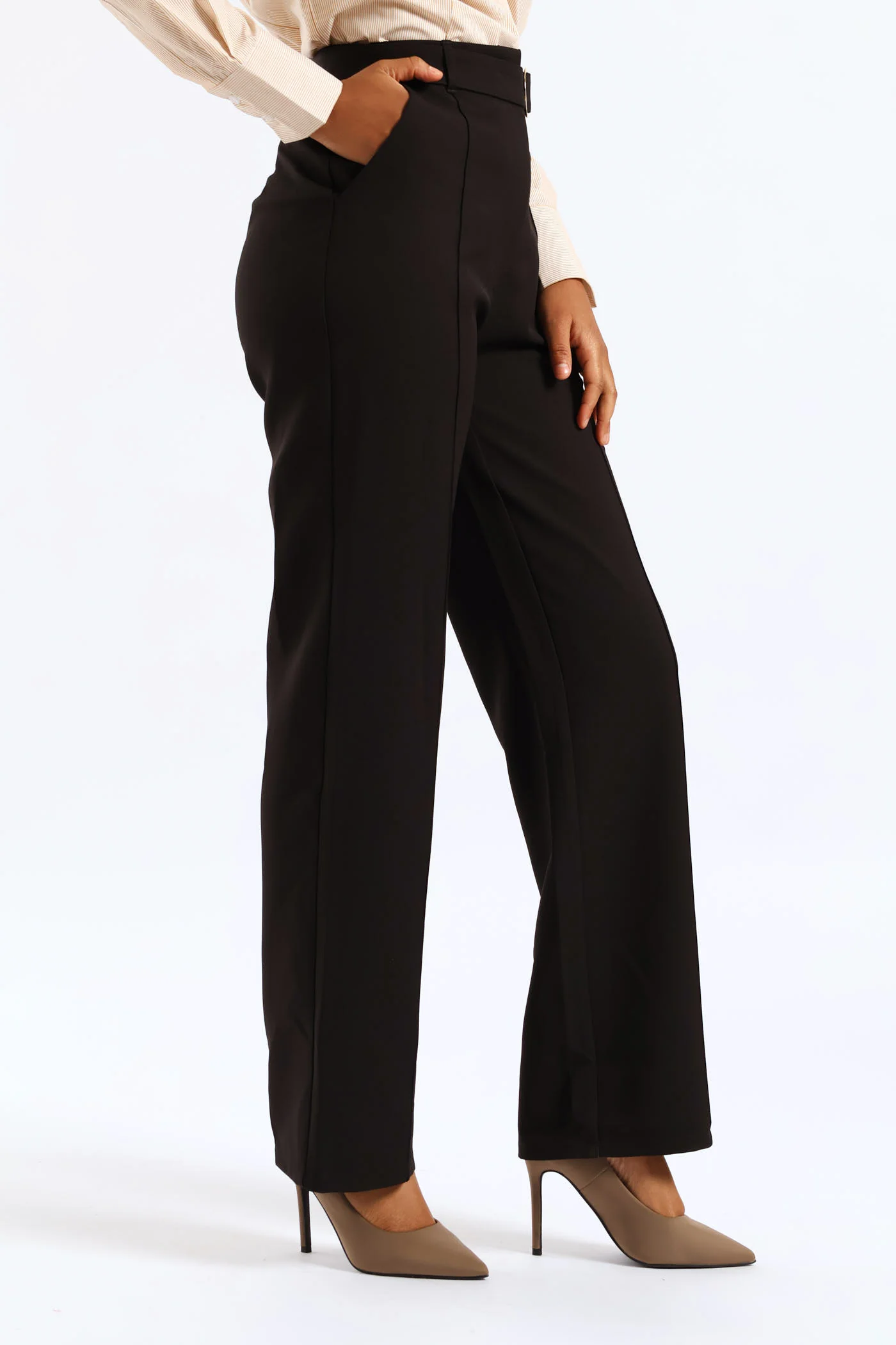 Belted Buckle Pin Tuck Straight Leg Pant - Black - Image 3