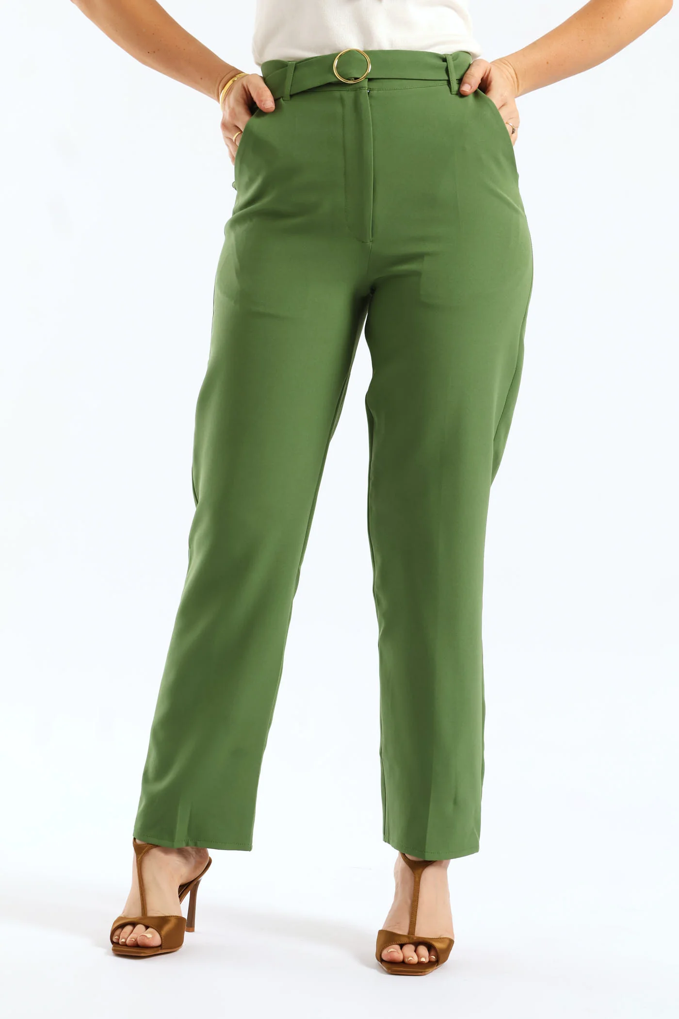 Belted Buckle Straight Leg Pant - Green - Image 2