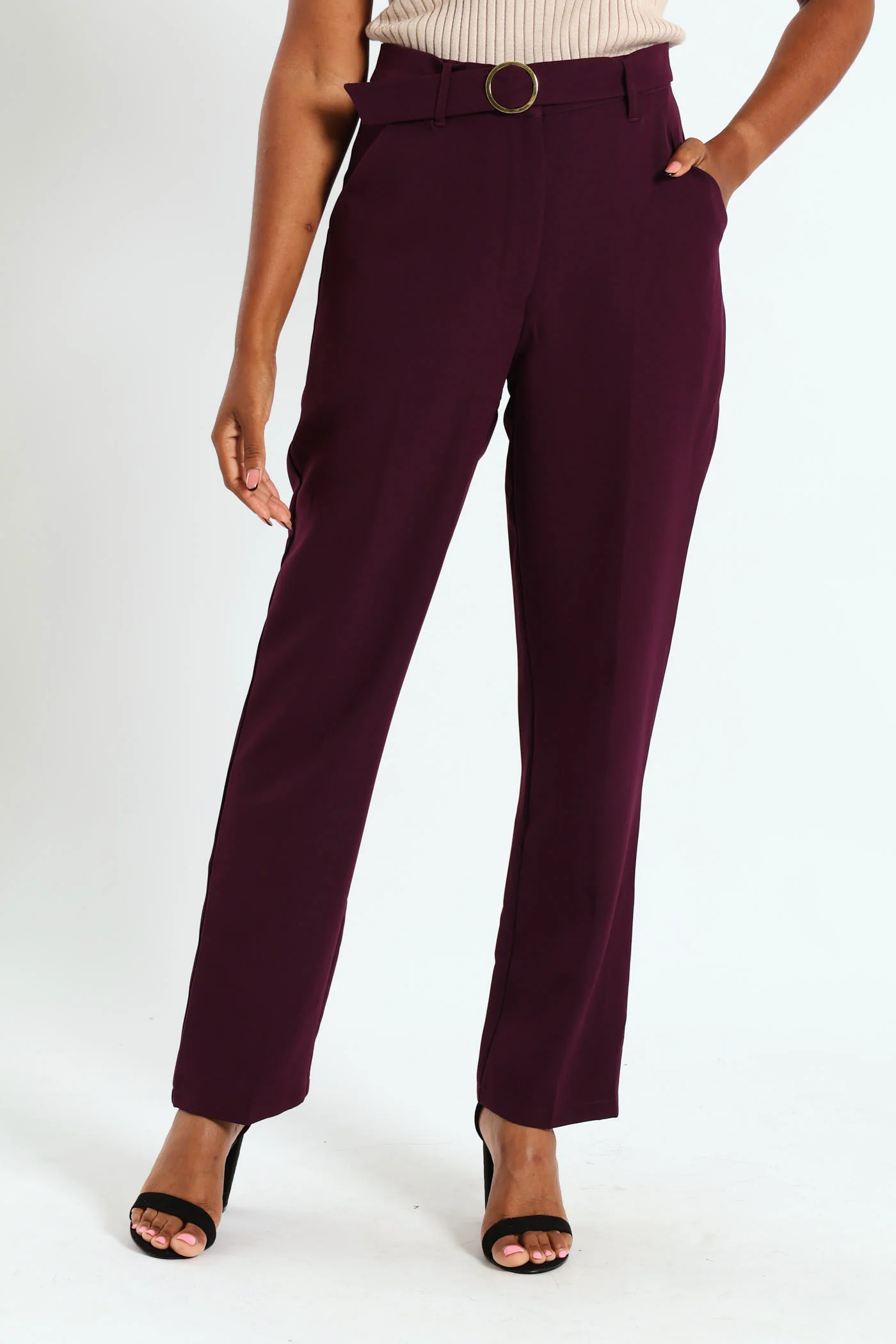 Belted Buckle Straight Leg Pant - Plum - Image 2