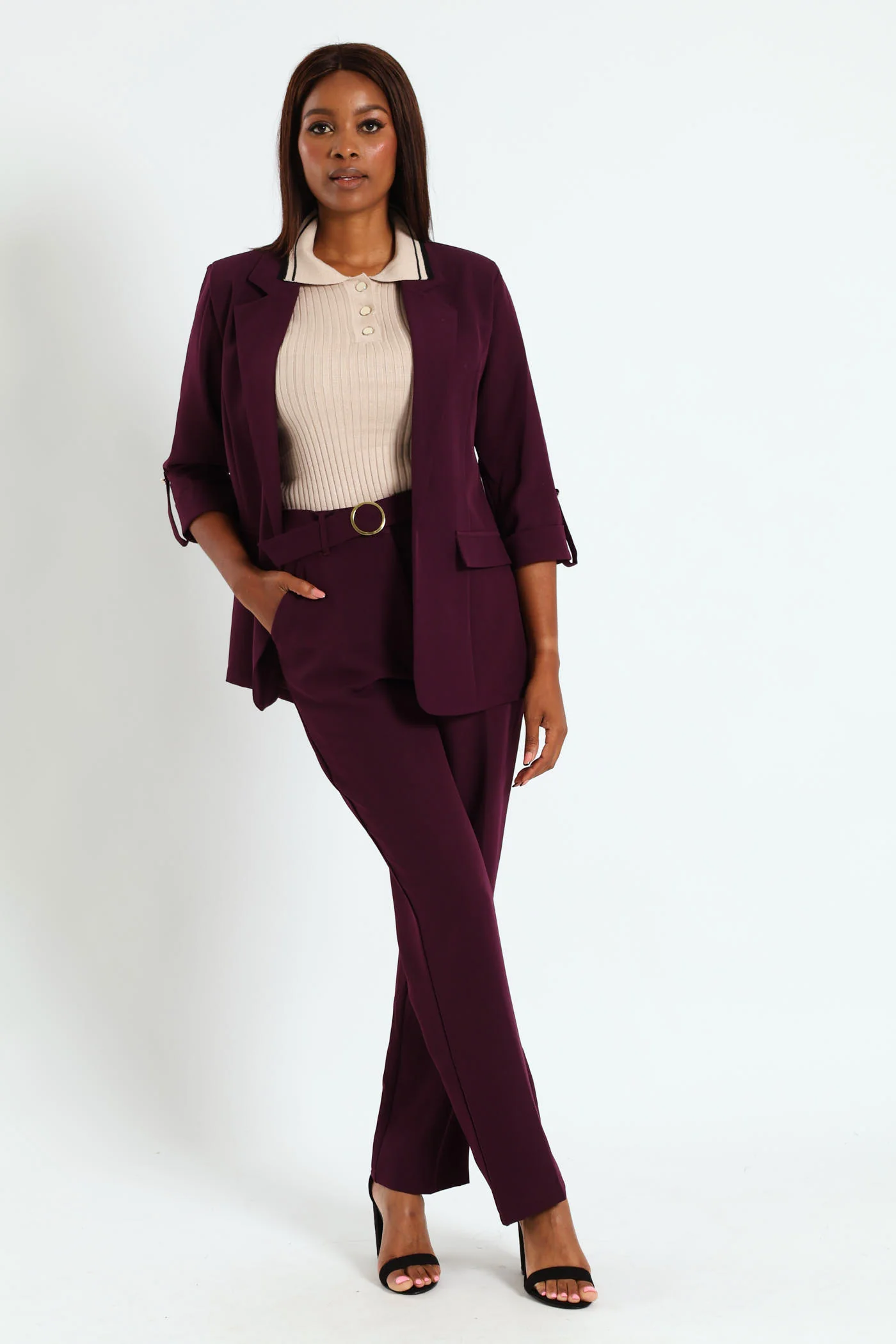 Belted Buckle Straight Leg Pant - Plum - Image 5
