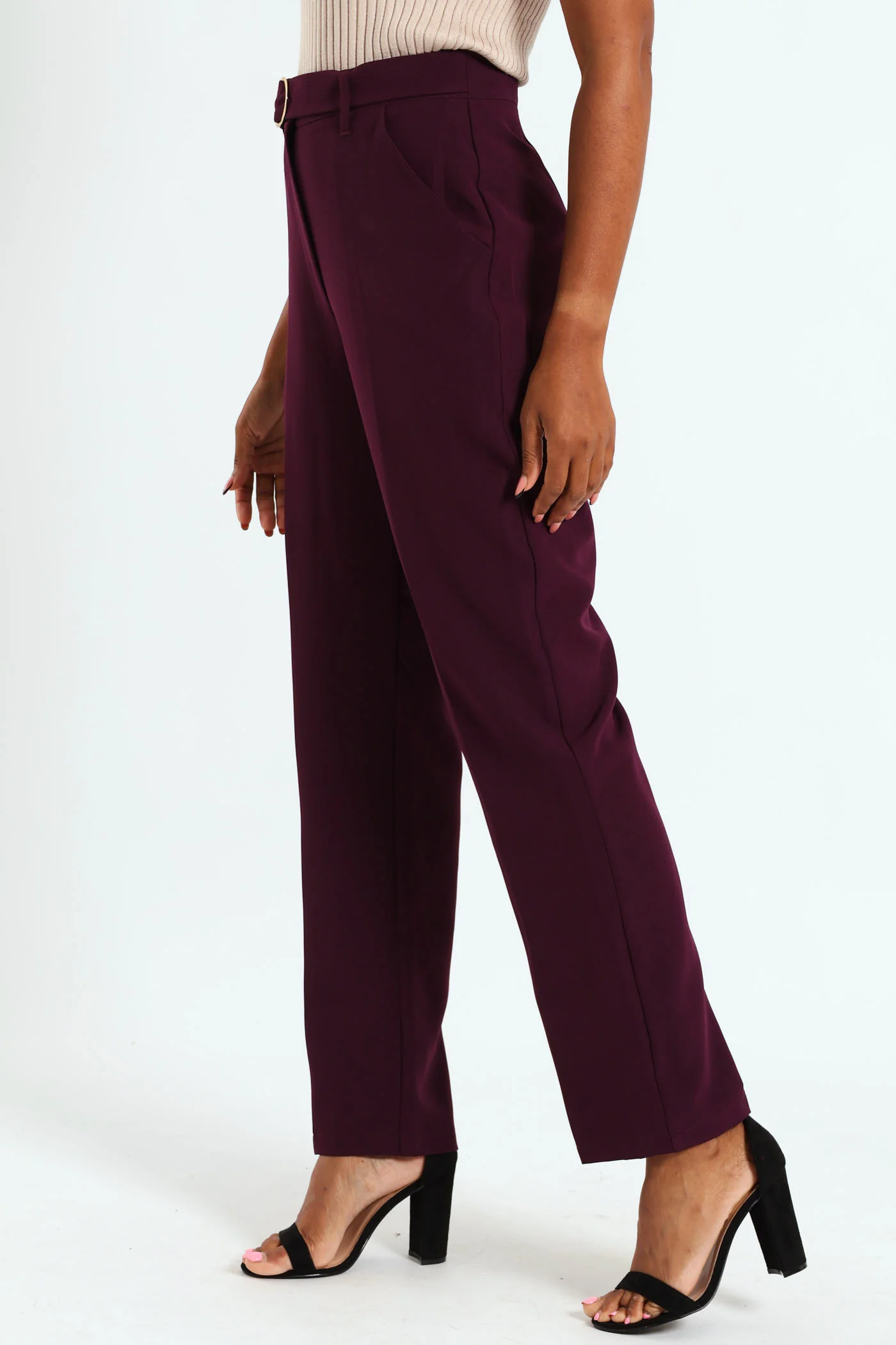 Belted Buckle Straight Leg Pant - Plum - Image 6