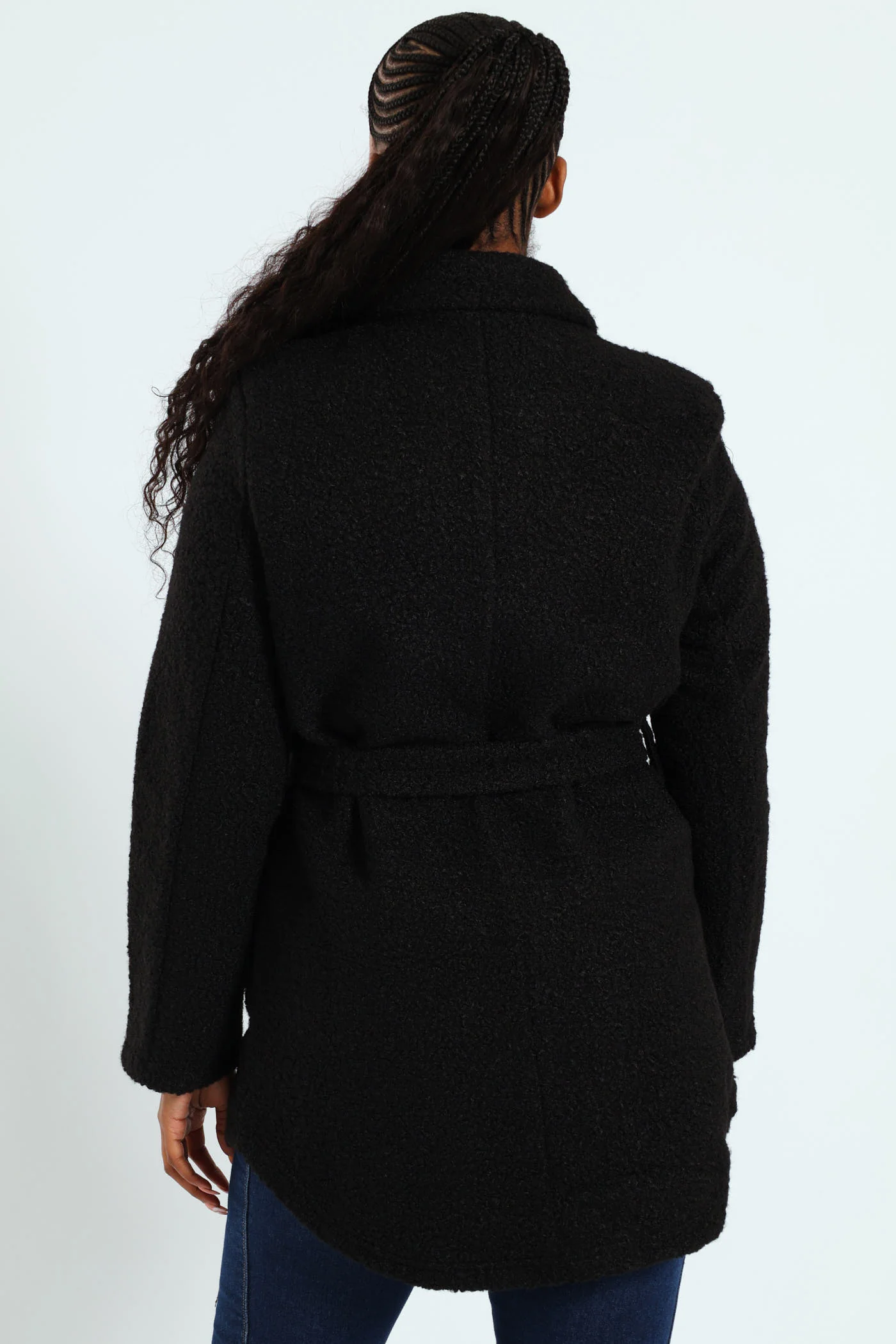 Belted Button Through Boucle Shacket - Black - Image 4