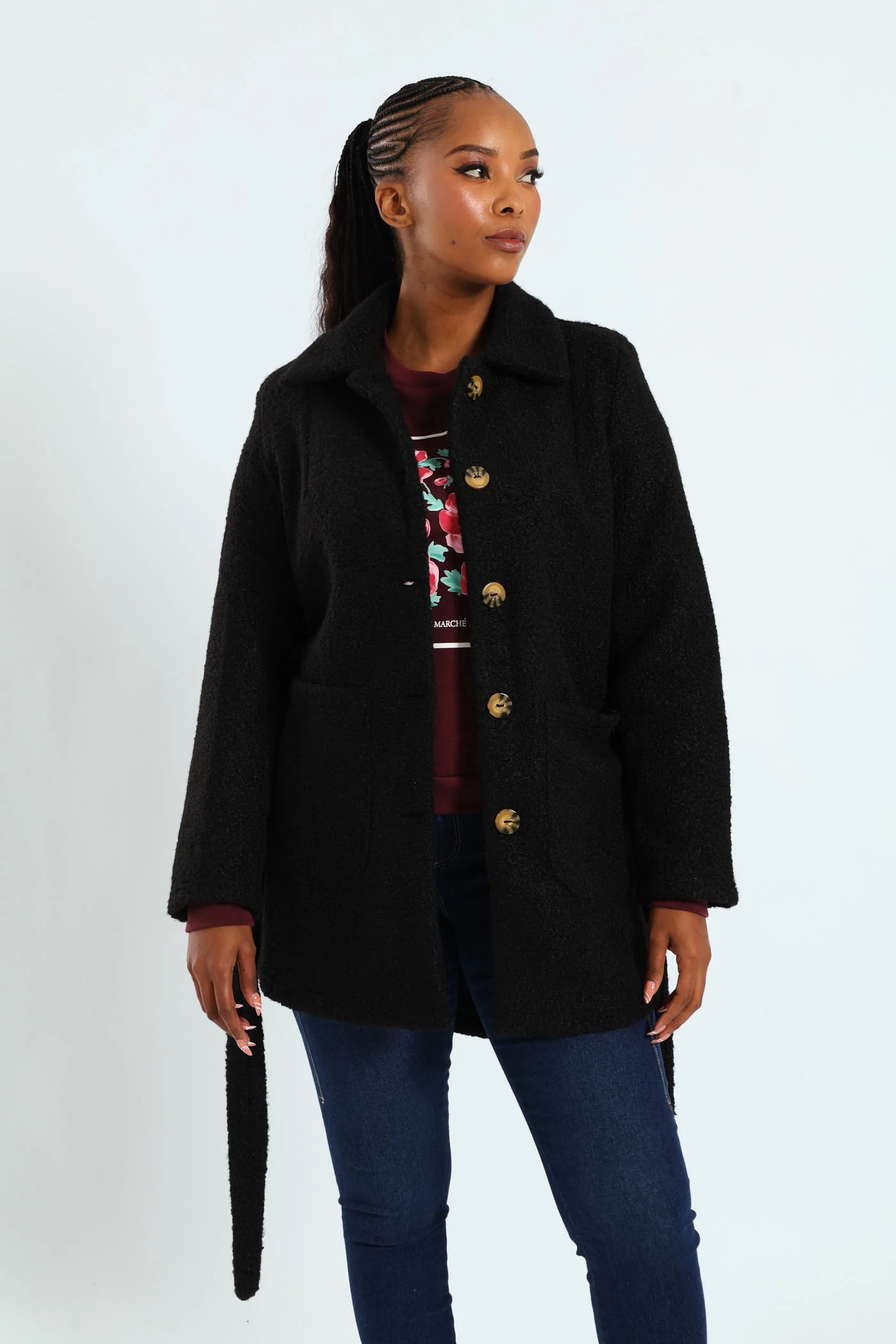 Belted Button Through Boucle Shacket - Black - Image 5